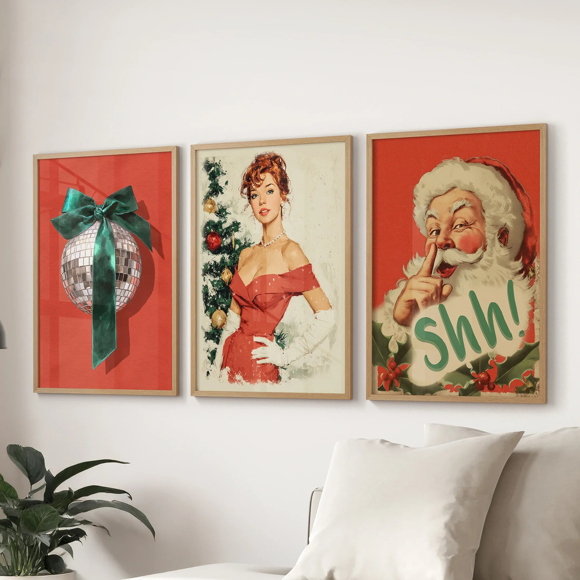 Retro Holiday 3 Piece Wall Art: Santa, Pin-Up Girl, Disco Ball