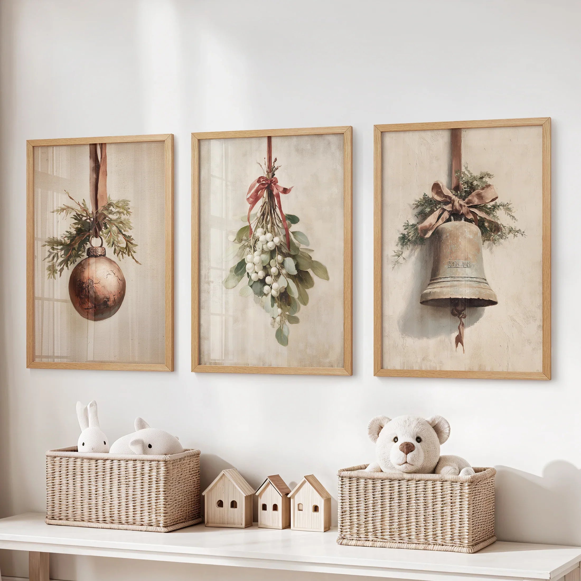 Rustic Holiday Set of 3 Prints: Vintage Christmas Bell Art