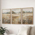 Neutral Floral Field Art Set of 3. Rustic Landscape