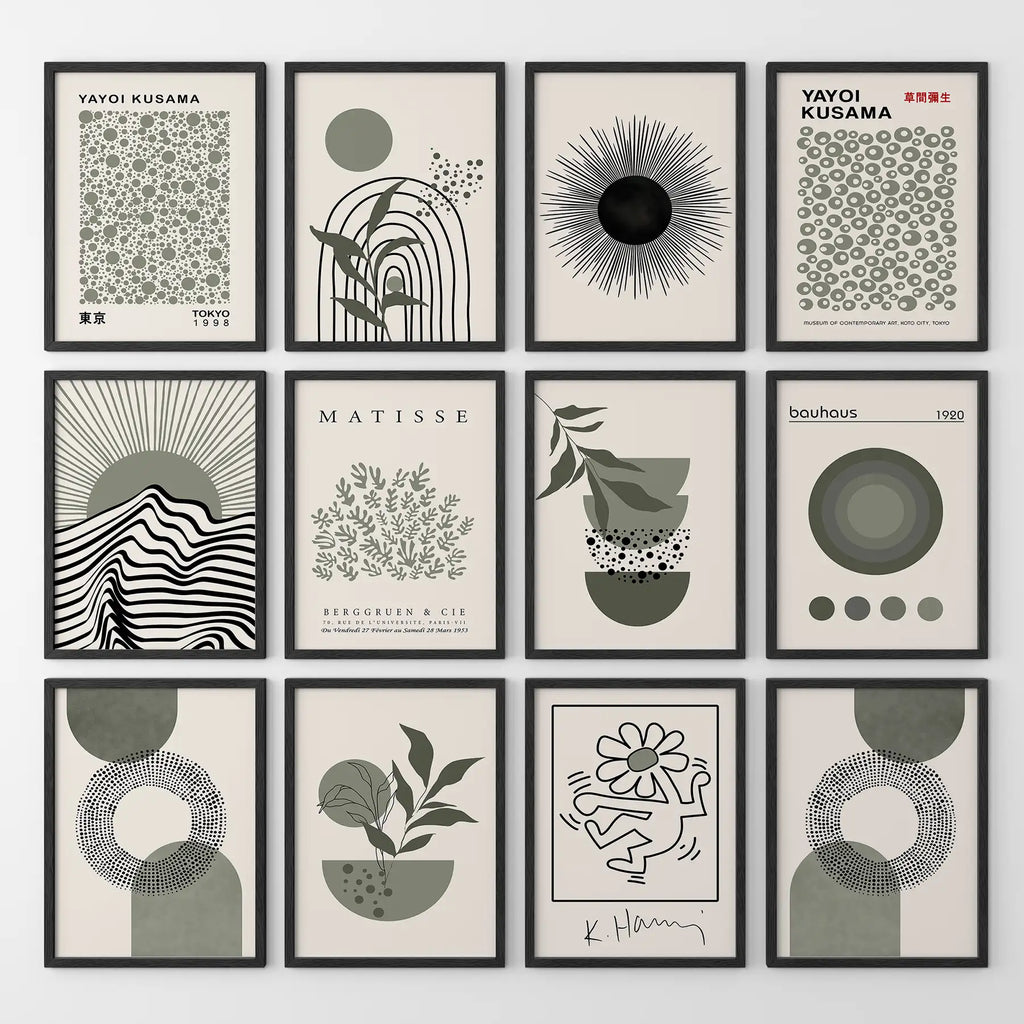 Set of 12 Sage Green Art. Abstract Matisse, Bauhaus MCM Prints