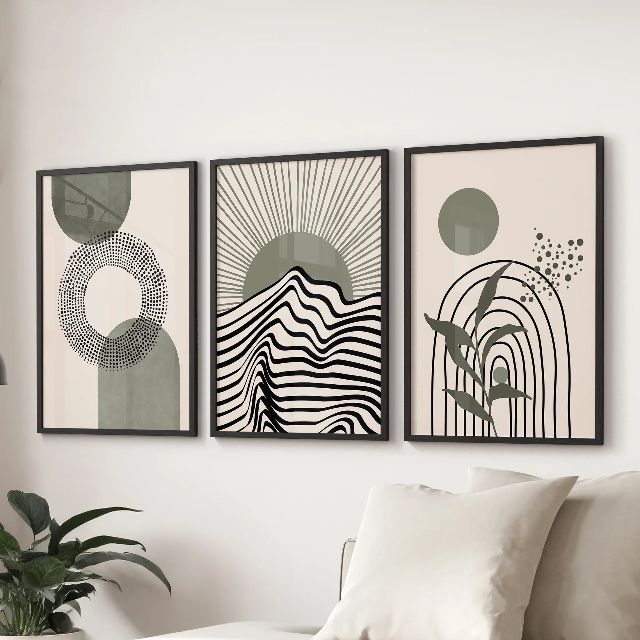 Boho Sage Green 3 Piece Wall Art. Mid-Century Art Prints for Living Room