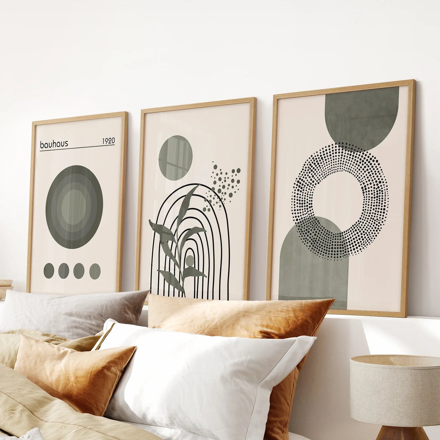 Boho Green Poster Set of 3. Bauhaus and Mid Century Abstract Prints