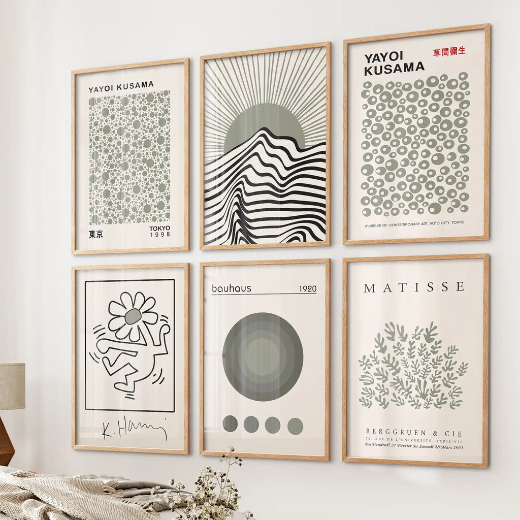 Gallery Wall Set of 6. Sage Green Bauhaus Prints Inspired by Kusama and Matisse