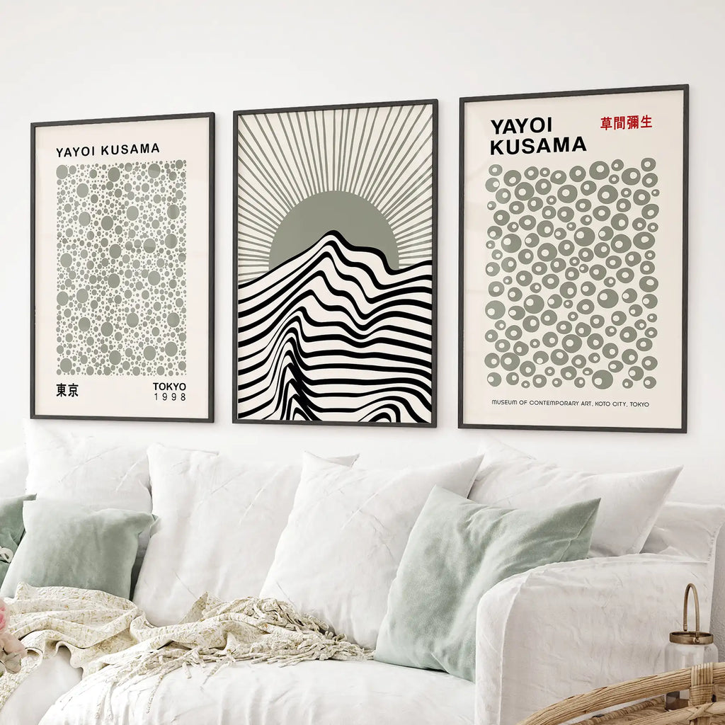 Exhibition Style Wall Art. Set of 3 Sage Green Bauhaus Prints for Apartment or Dorm