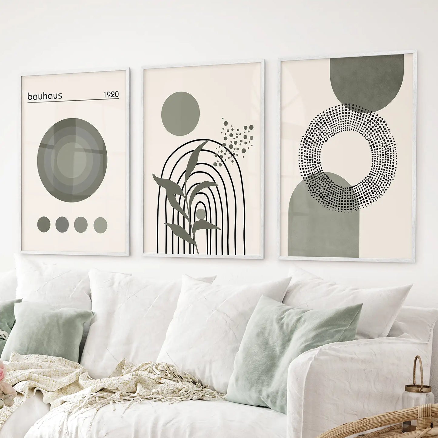 Boho Green Poster Set of 3. Bauhaus and Mid Century Abstract Prints