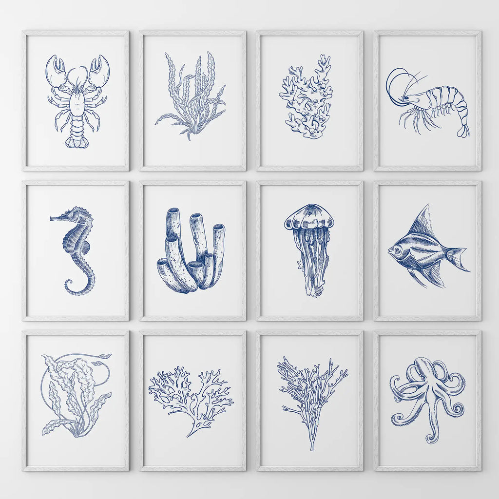 Nautical Modern Marine Life Wall Art. Navy Blue Set of 12