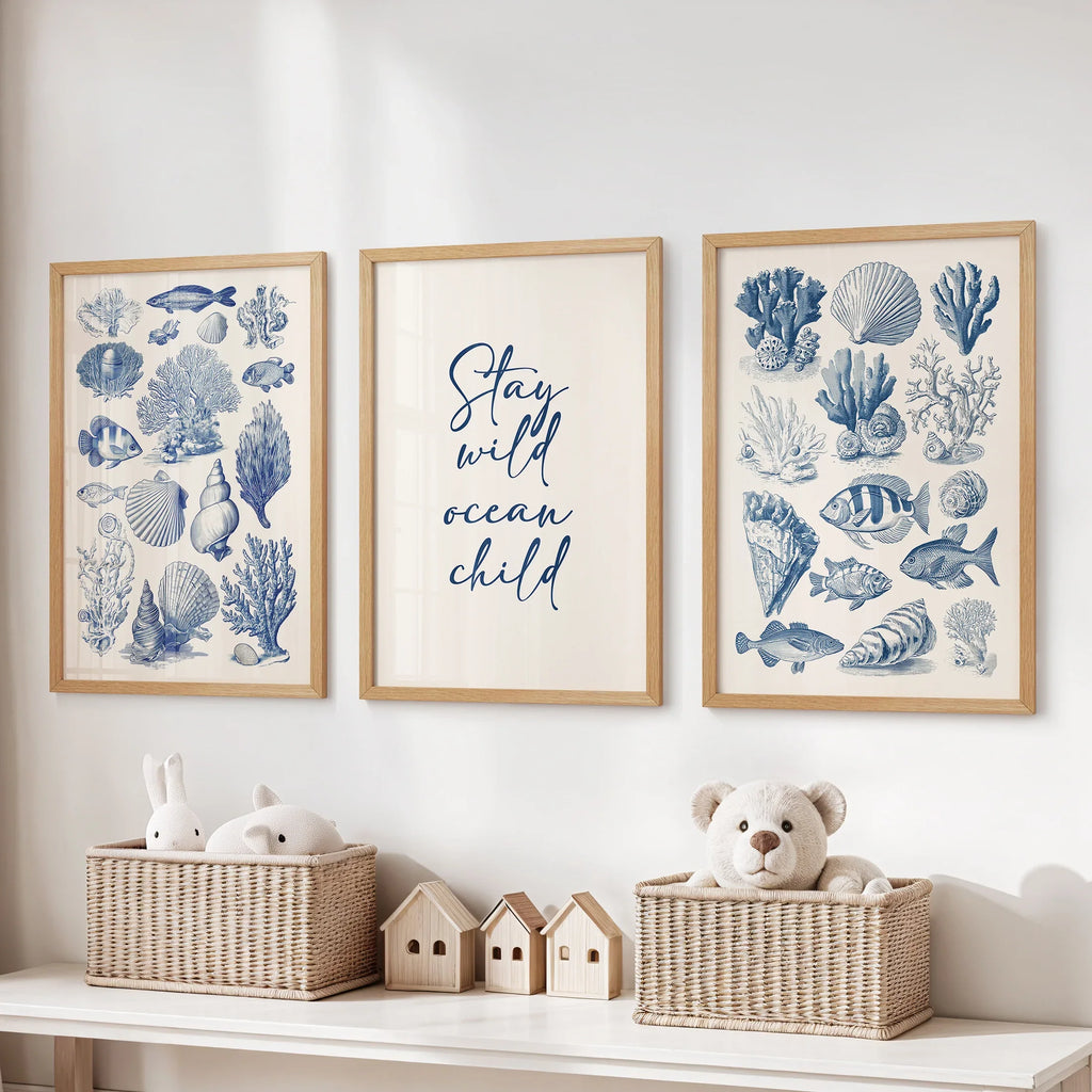 Coastal Sea Life Prints. Blue Sea Shells and Fish Print Set