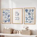 Coastal Sea Life Prints. Blue Sea Shells and Fish Print Set