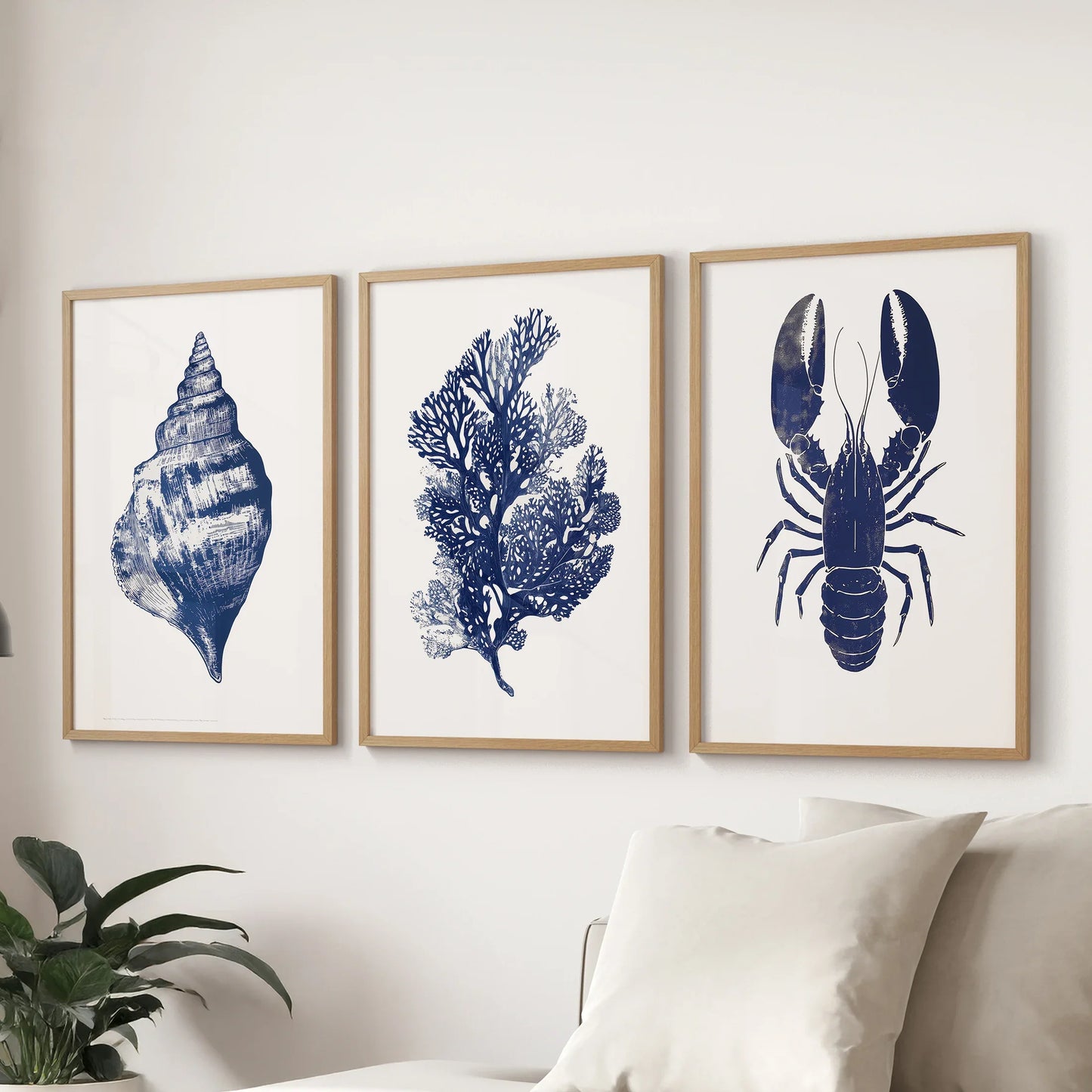 Sea Life Set of 3. Coral, Shell, Lobster Art Poster
