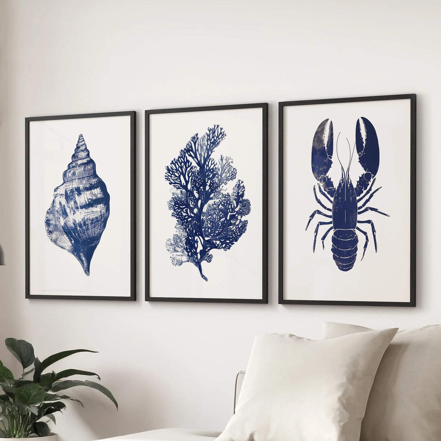 Sea Life Set of 3. Coral, Shell, Lobster Art Poster