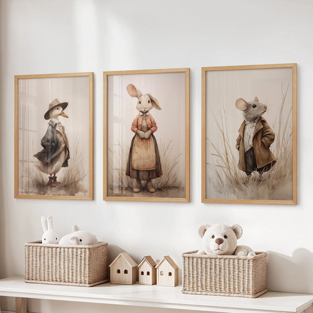 Whimsical Animal Wall Art. Dug & Mouse Set 3 Vintage Prints