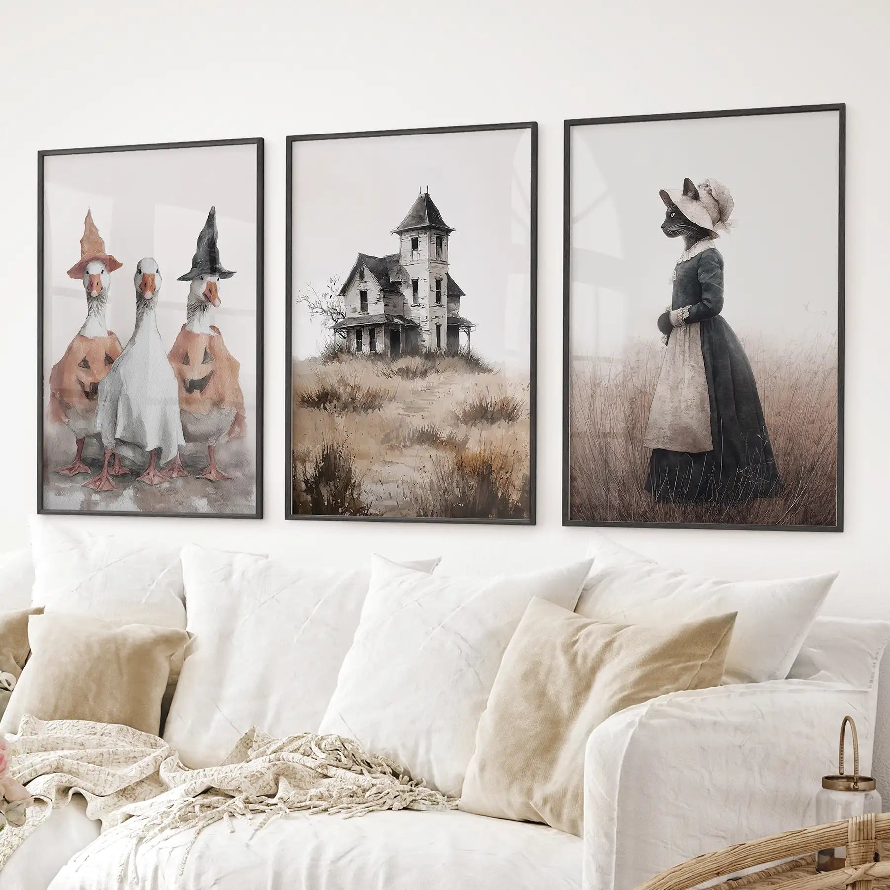 Spooky Cottagecore Wall Art Set. Ducks, Haunted House, Cat