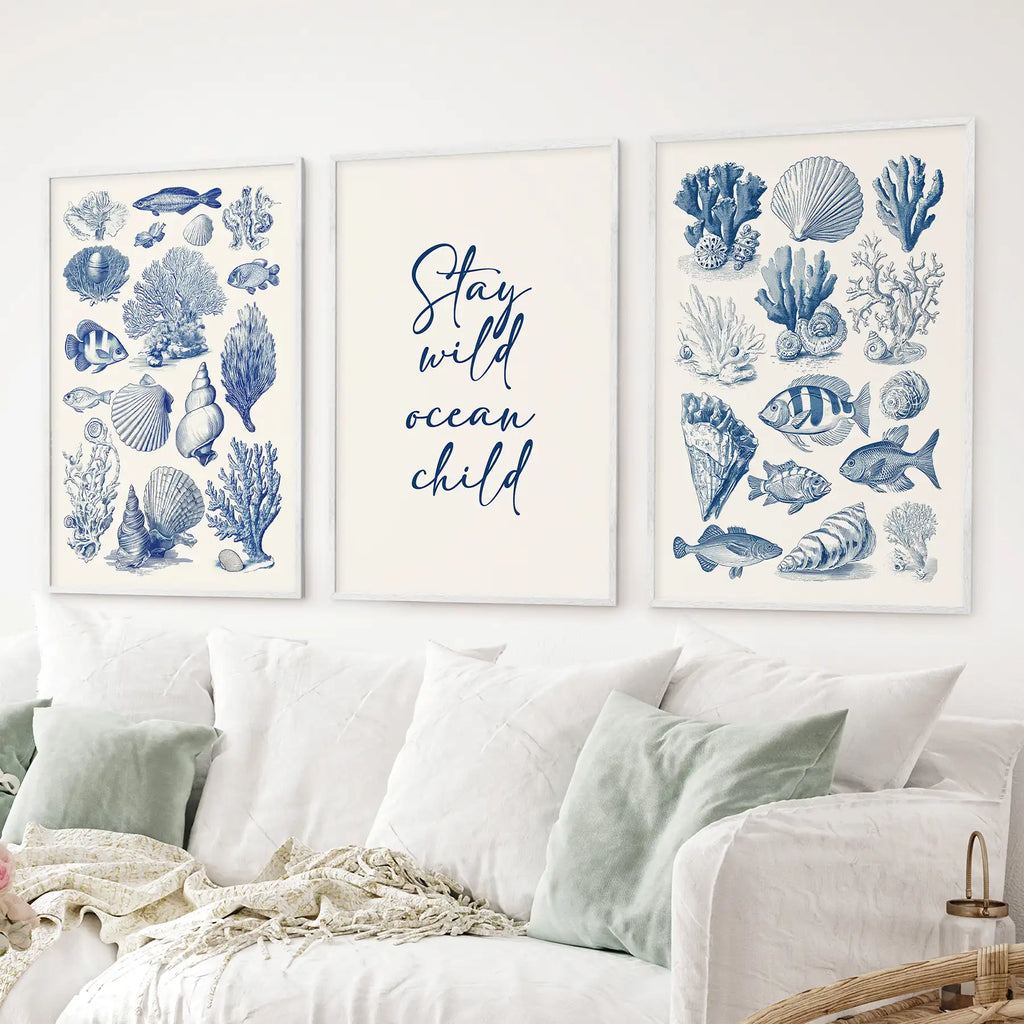 Coastal Sea Life Prints. Blue Sea Shells and Fish Print Set