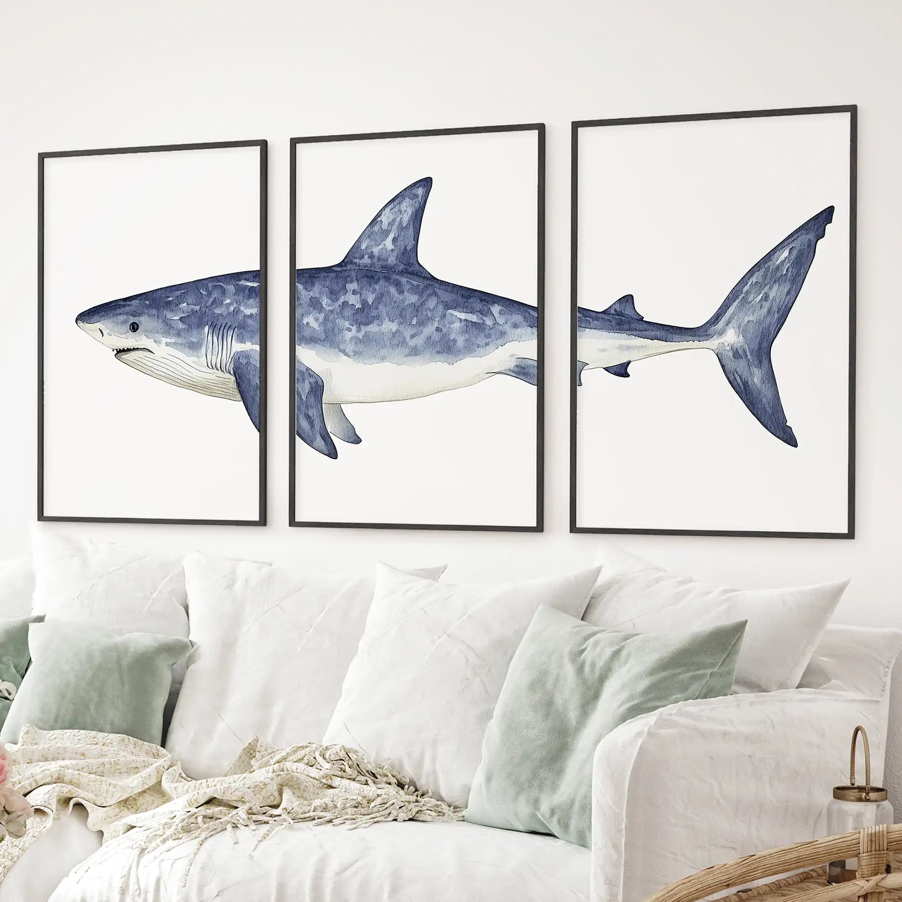 Shark Wall Art. Set of 3 Watercolor Ocean Animal Prints