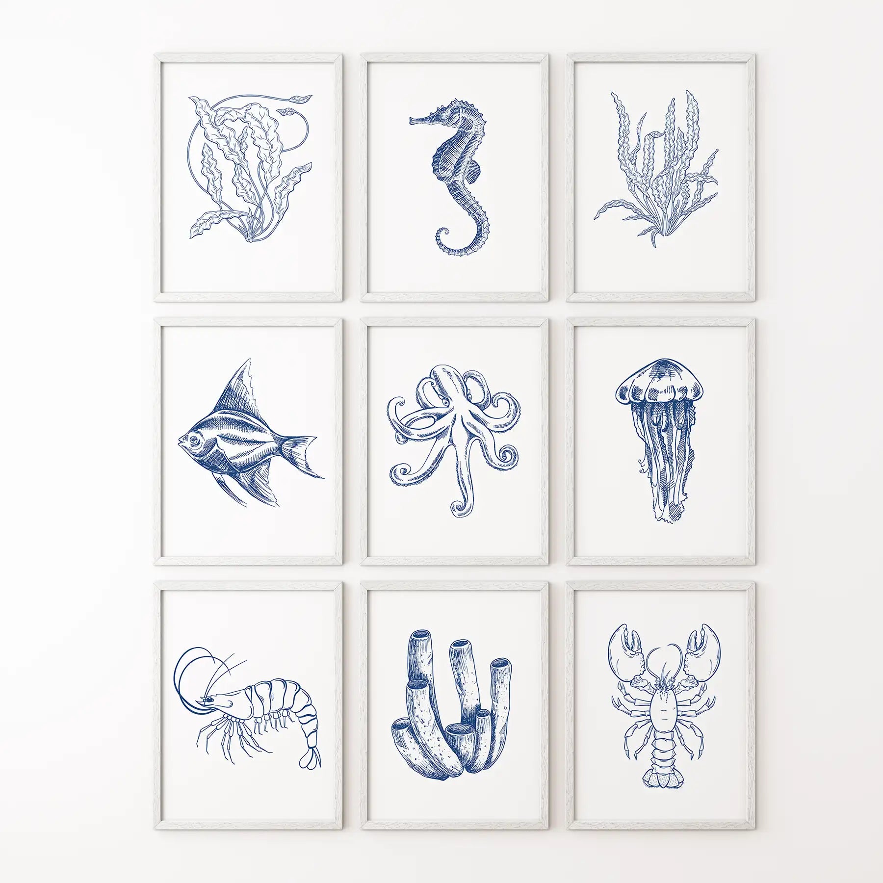 Coastal Nautical Set of 9. Navy Blue Sea Life Prints