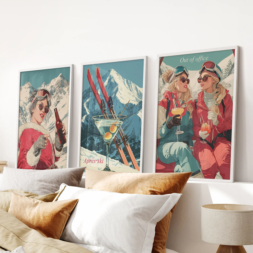 Winter Après Ski Scene Wall Art. Retro Alpine Print Set of 3