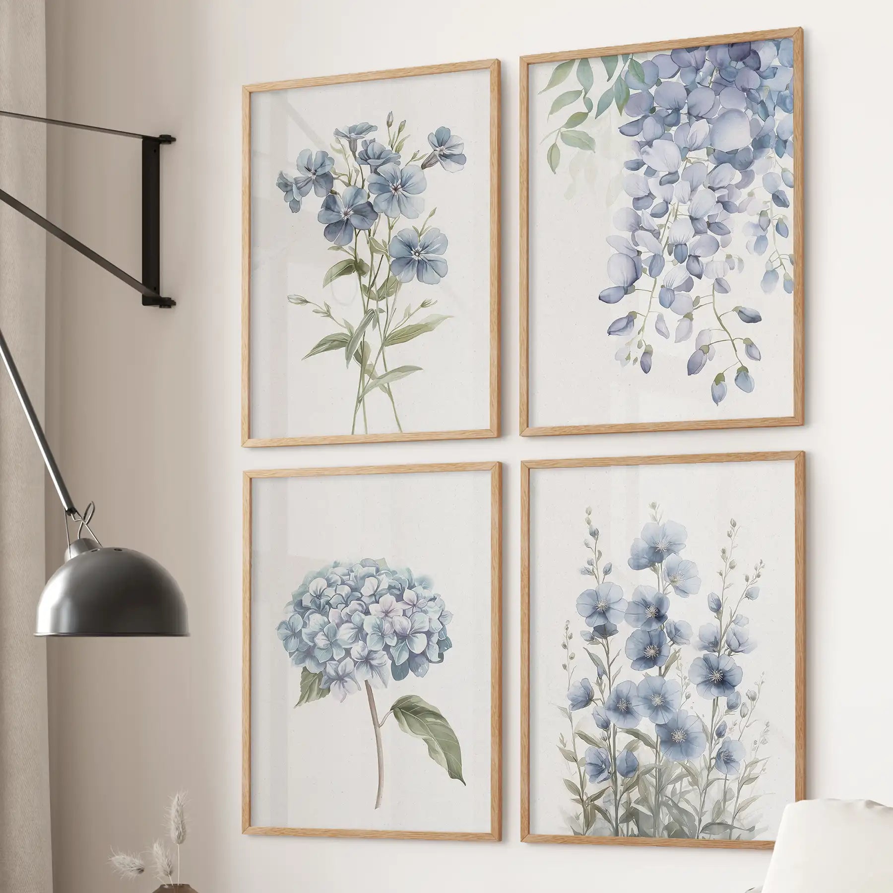 Soft Blue Hydrangea Prints. 4 Piece Watercolor Wall Art