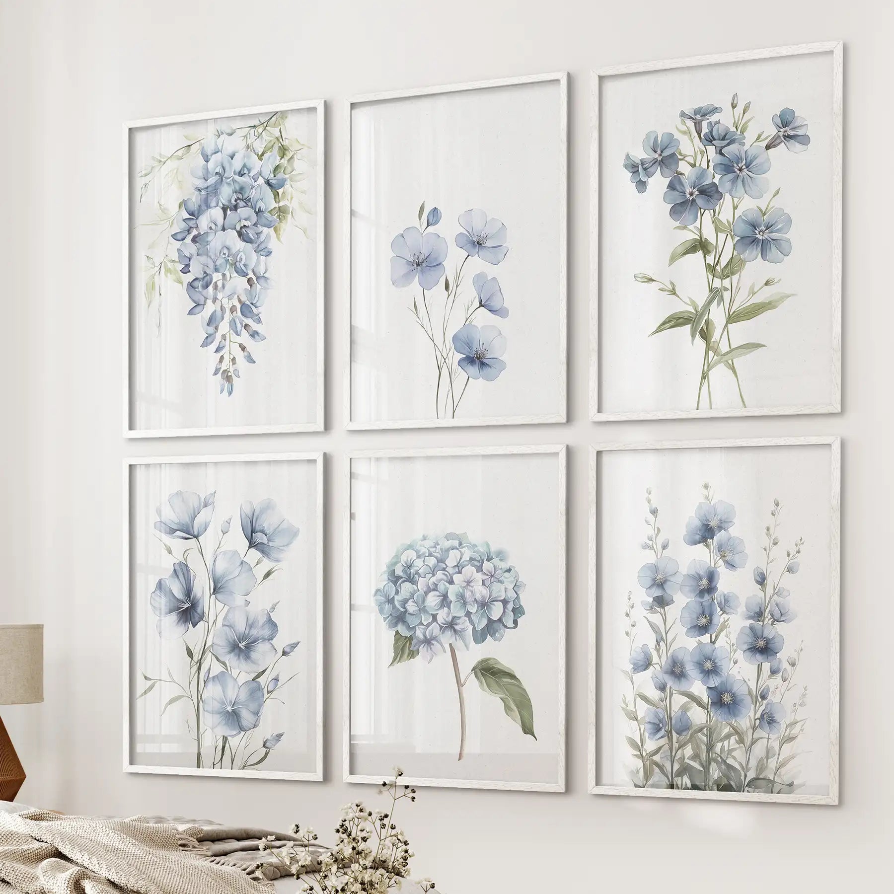 Blue Hydrangea, Wisteria, Flax Flowers Art. Set of 6 Prints