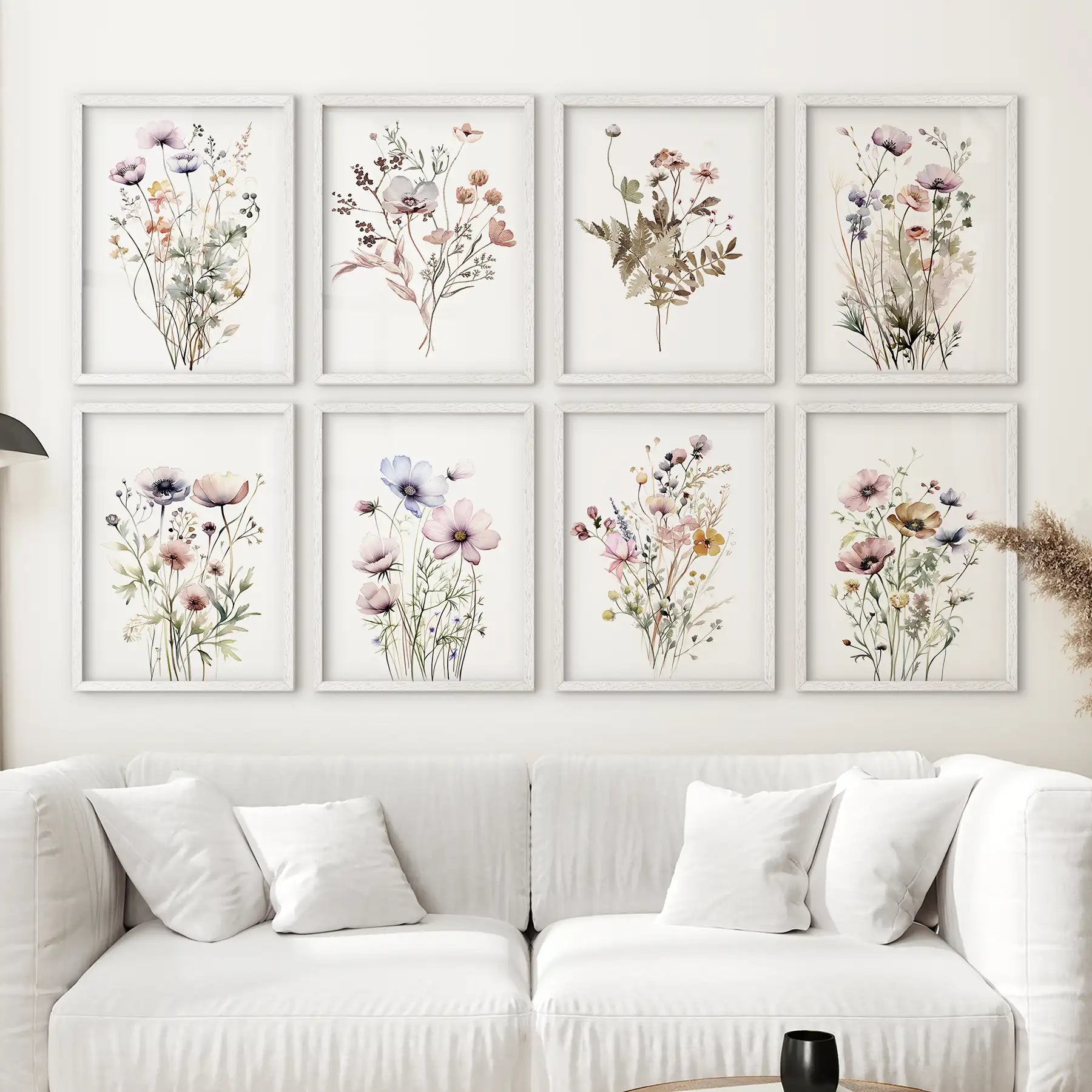 Watercolor Wildflower Gallery Wall. 8 Piece Botanical Print Set for Living Room