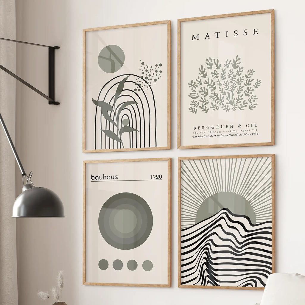 Modern Sage Green Wall Art. Set of 4 Bauhaus and Matisse-Inspired Prints