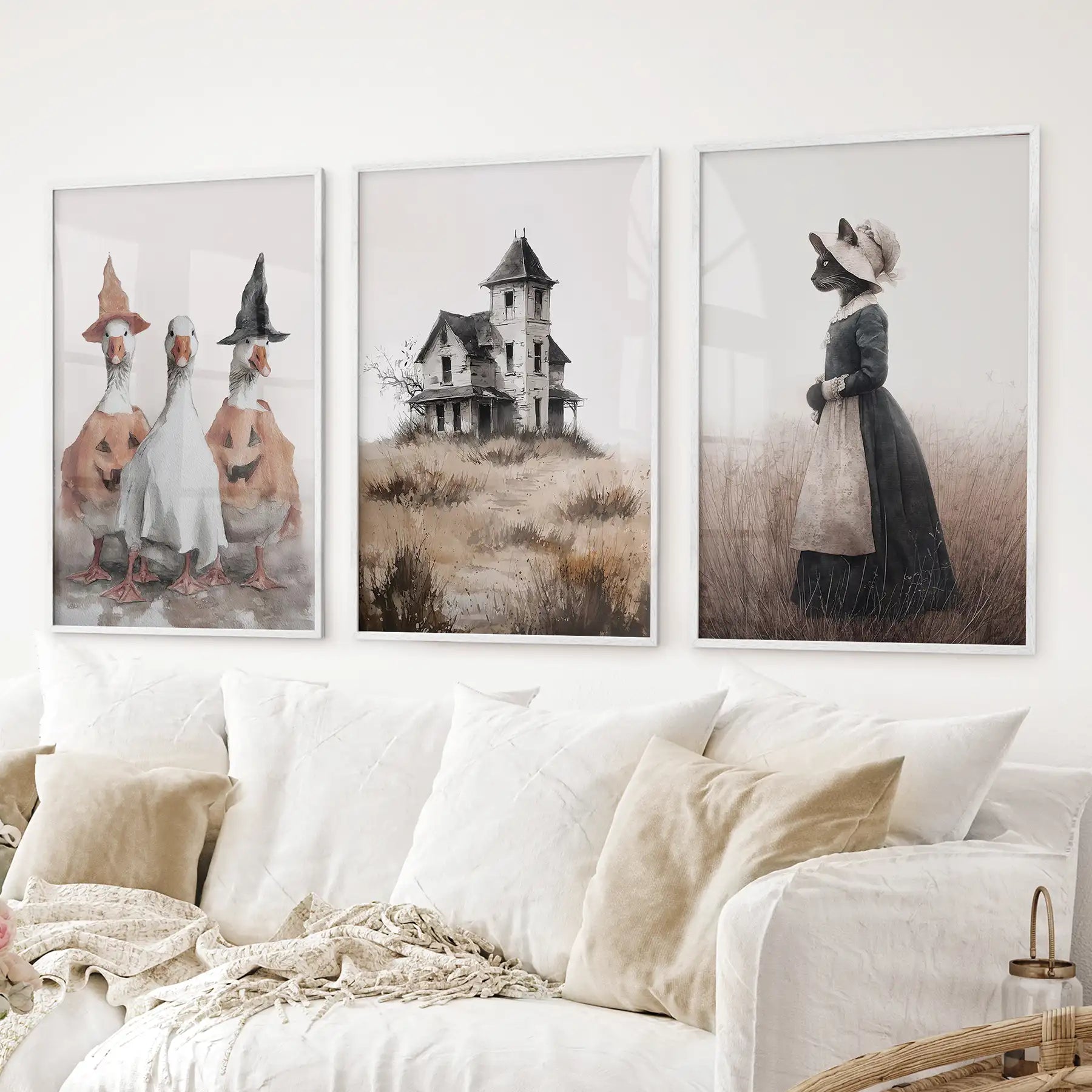 Spooky Cottagecore Wall Art Set. Ducks, Haunted House, Cat