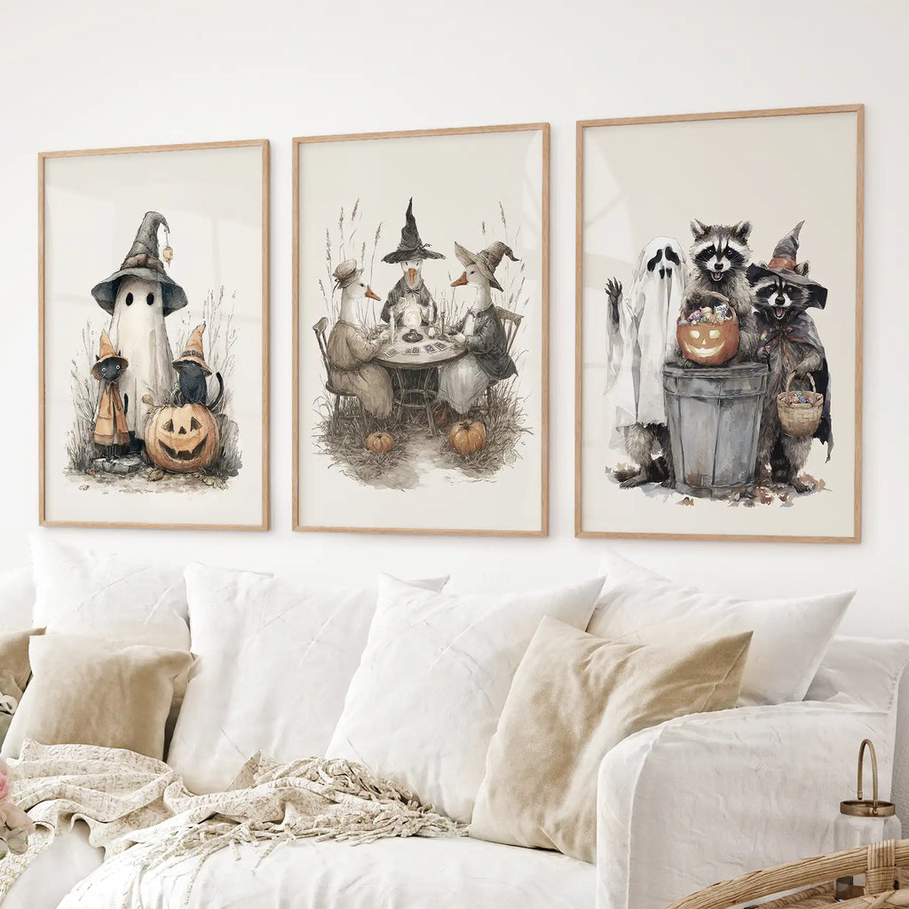 Halloween Set of 3 Wall Art. Ghost, Witch, Animals, Pumpkins