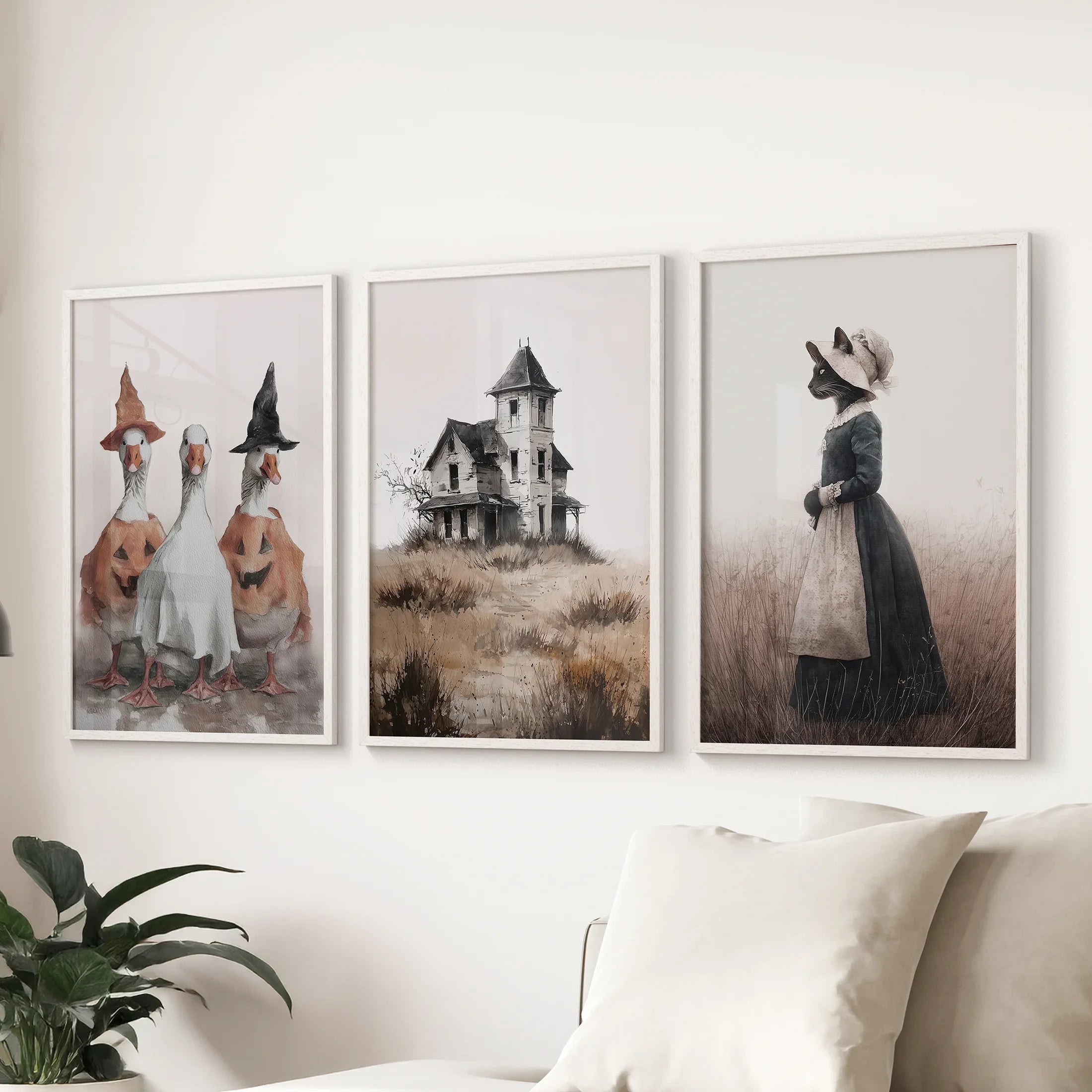Spooky Cottagecore Wall Art Set. Ducks, Haunted House, Cat