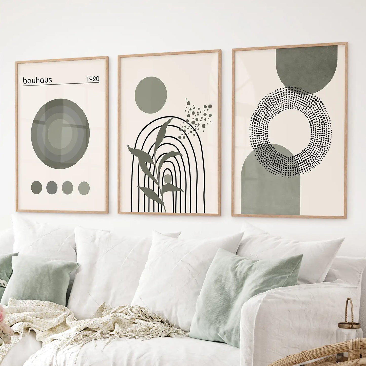 Boho Green Poster Set of 3. Bauhaus and Mid Century Abstract Prints