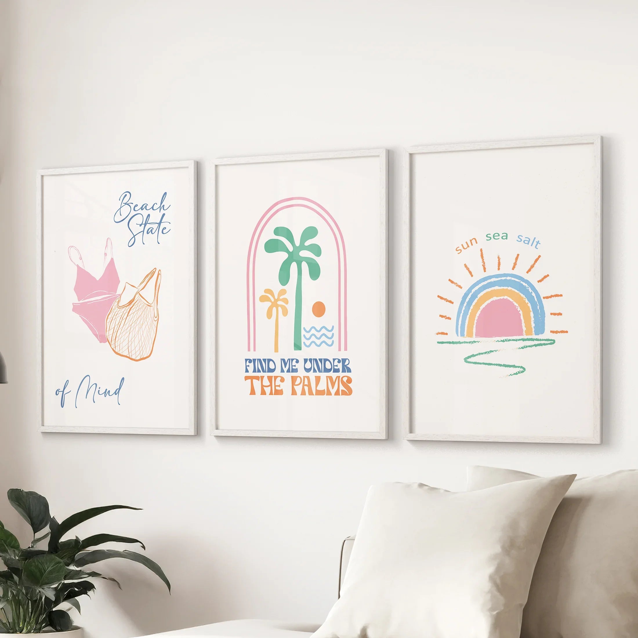 Coastal Summer Vibes Wall Decor. Palm Sunset Poster Set of 3