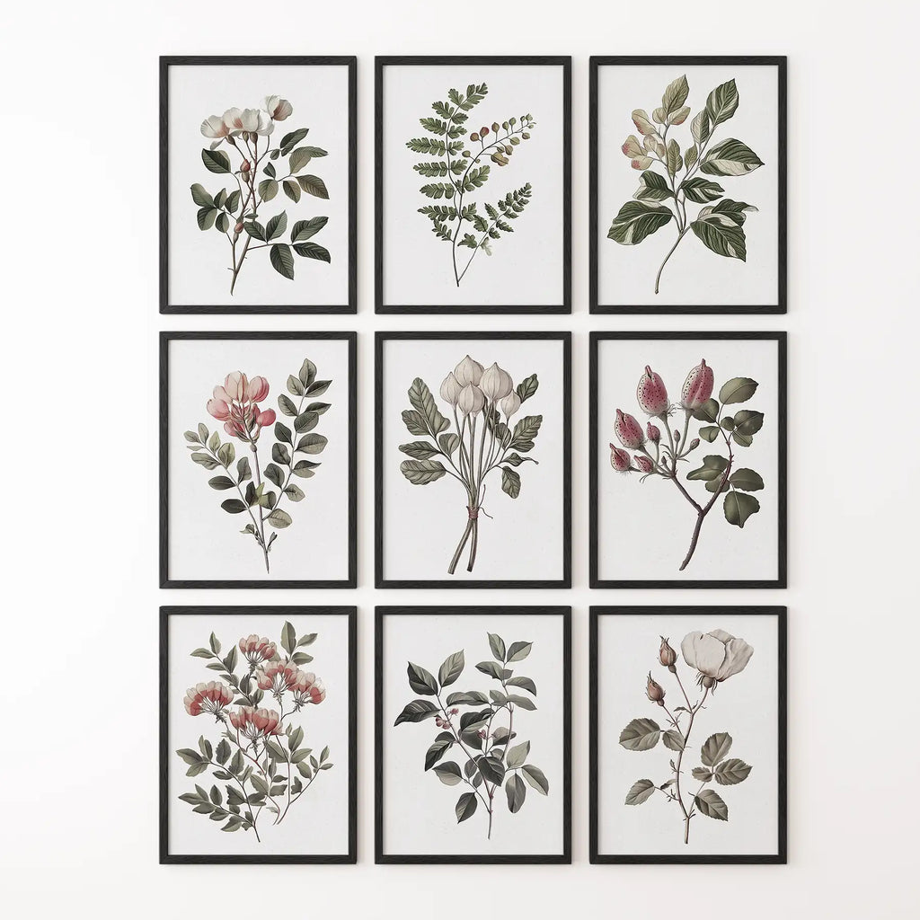 Set of 9 Botanical Posters. Vintage Flowers Wall Art