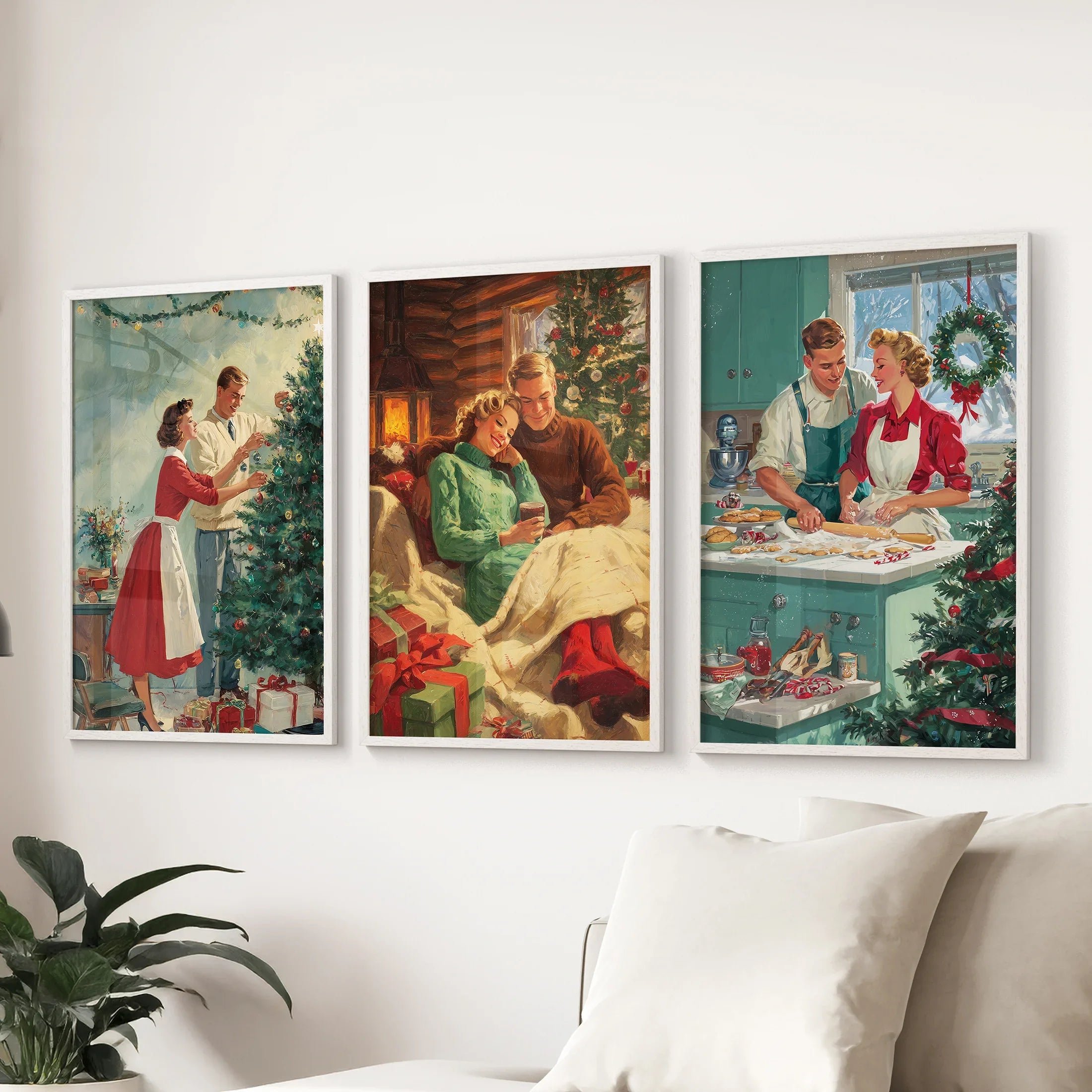 Nostalgic Christmas Decor. Cozy Retro Holiday Set of 3 Art