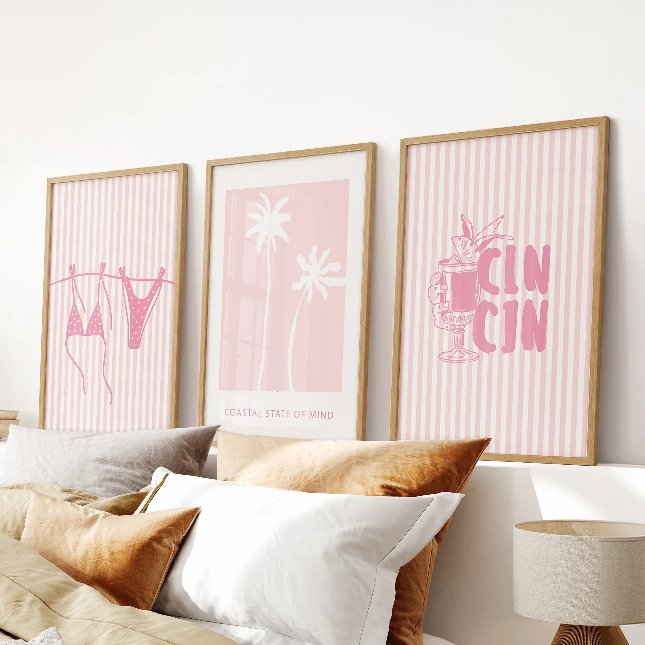 Preppy Coastal Girl Room Décor. Set of 3 Pink Summer Prints