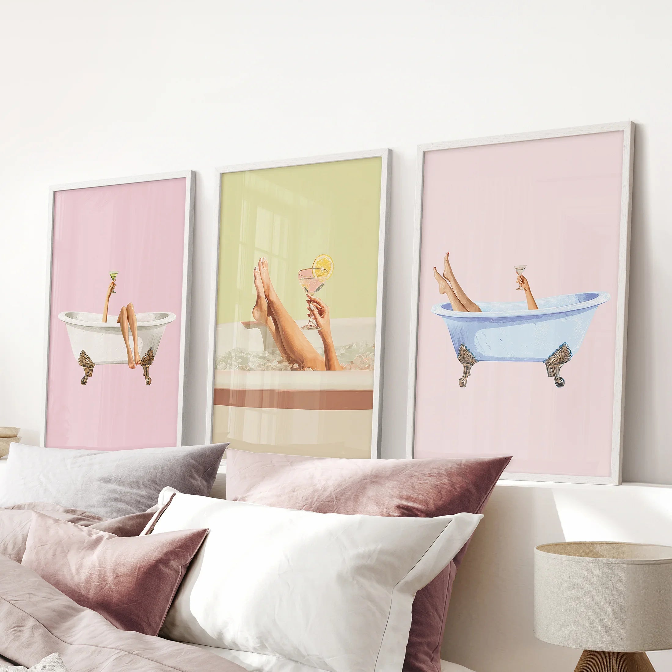 Relaxing Bathtub Prints with Cocktails. Set of 3 Prints