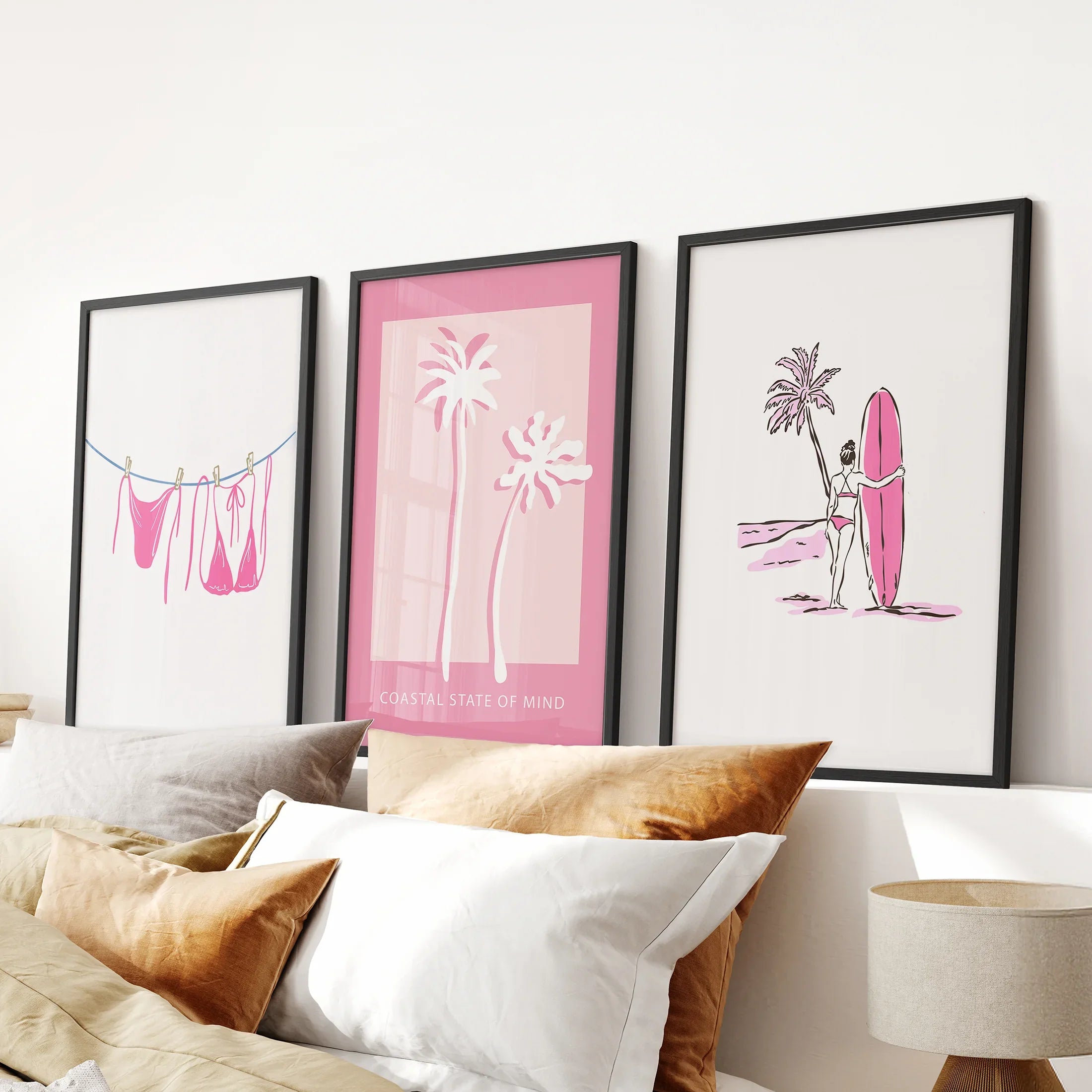 Beach House 3 Piece Girly Wall Art: Pink Palm, Surfer Prints