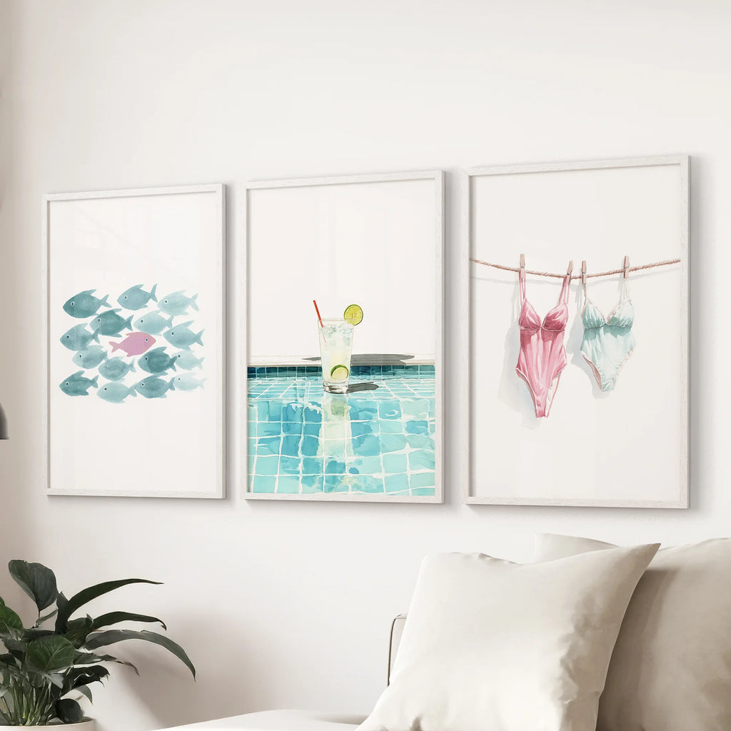 Summer Wall Art Set of 3. Poolside Party Watercolor Prints