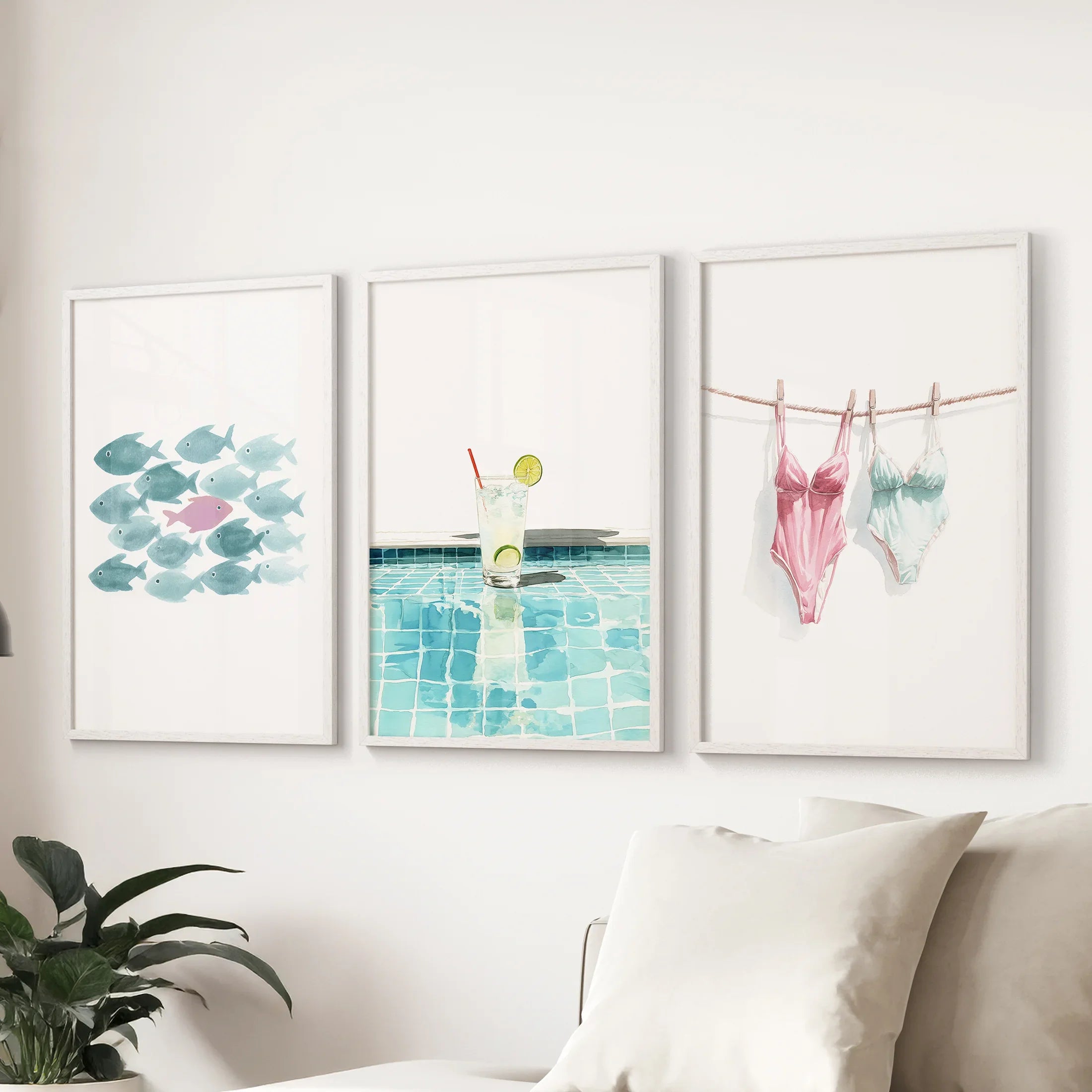 Summer Wall Art Set of 3. Poolside Party Watercolor Prints