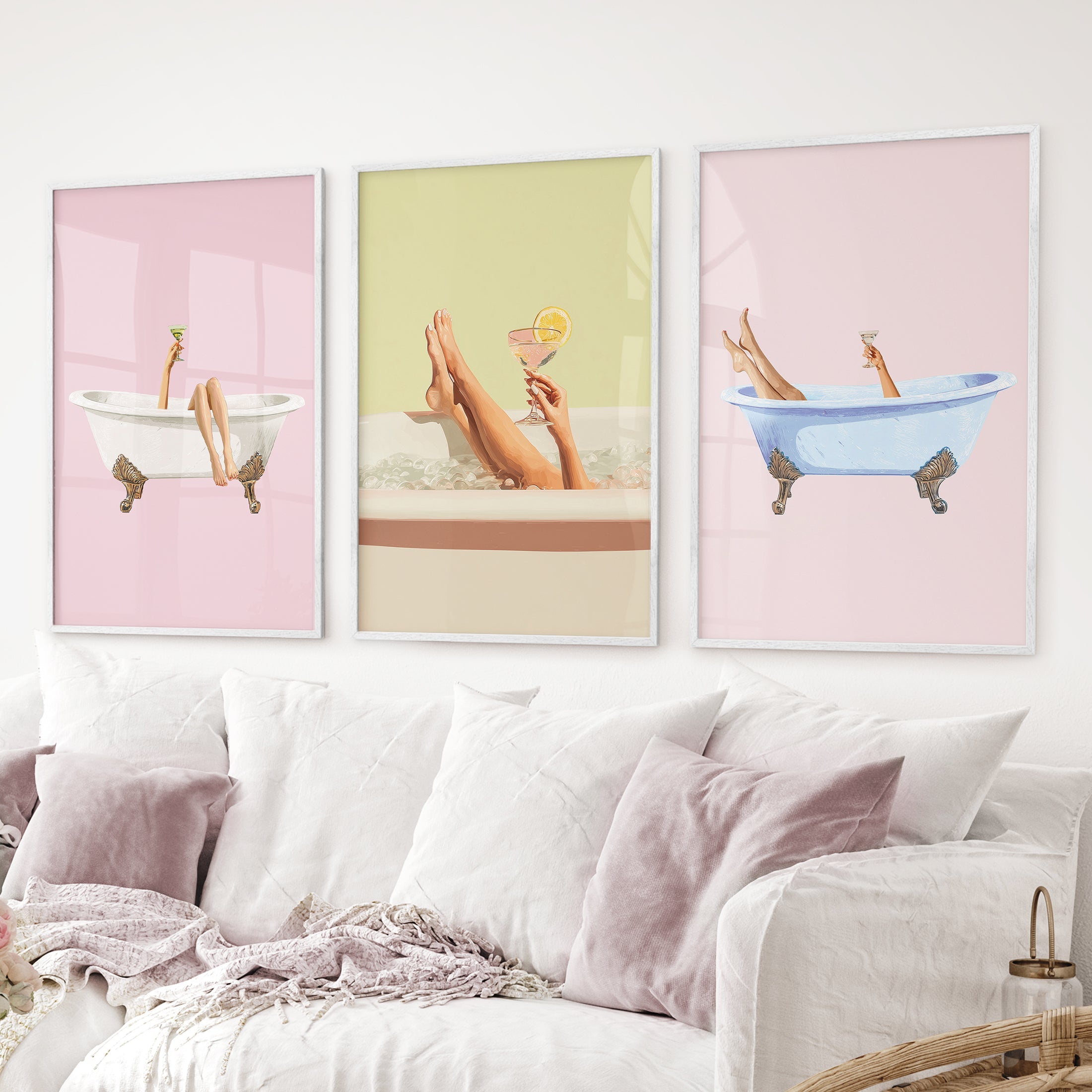 Relaxing Bathtub Prints with Cocktails. Set of 3 Prints