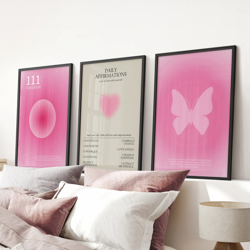 Pink Aura 3 Piece Art Prints Set. Motivational Decor for Girls’ Bedroom or Dorm