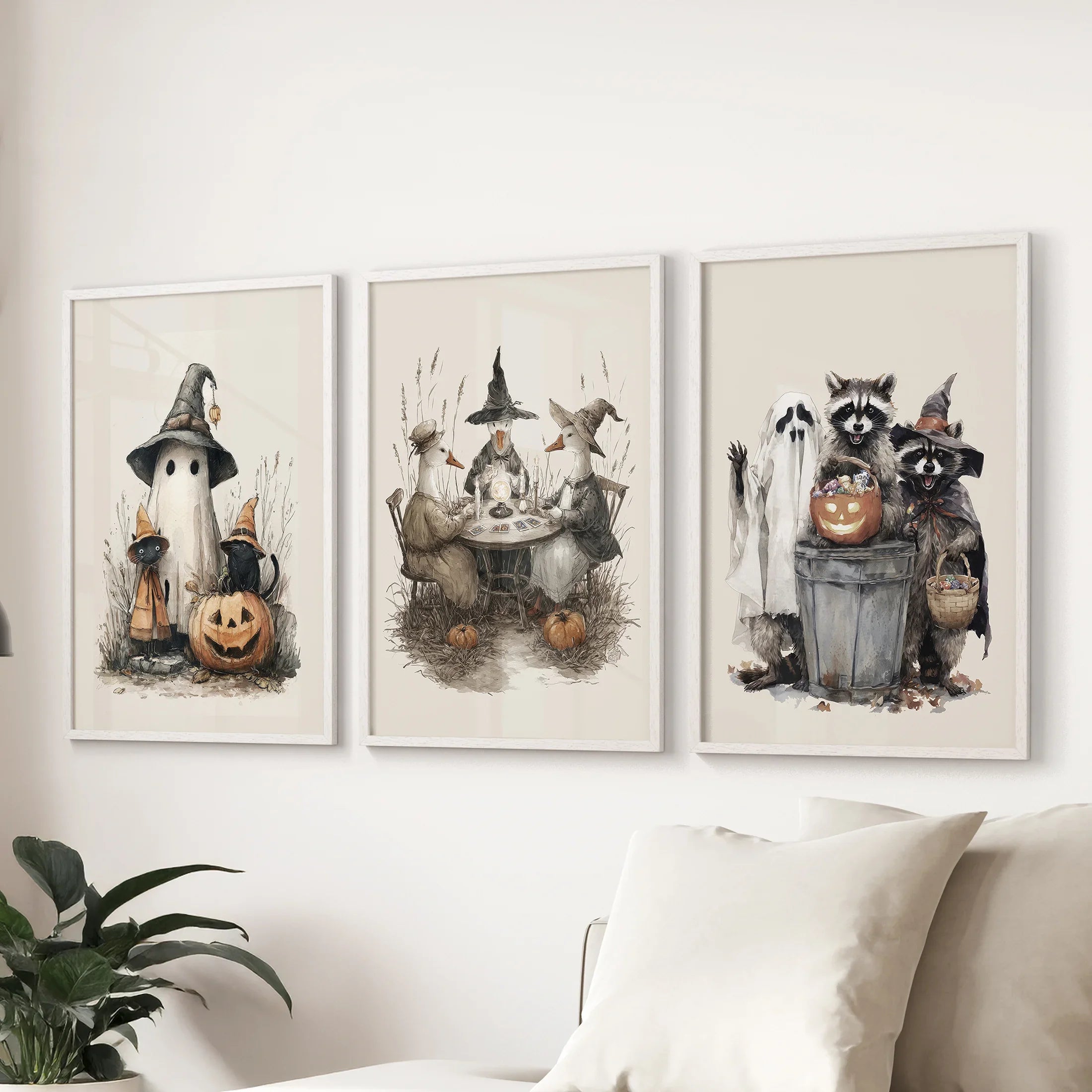 Halloween Set of 3 Wall Art. Ghost, Witch, Animals, Pumpkins