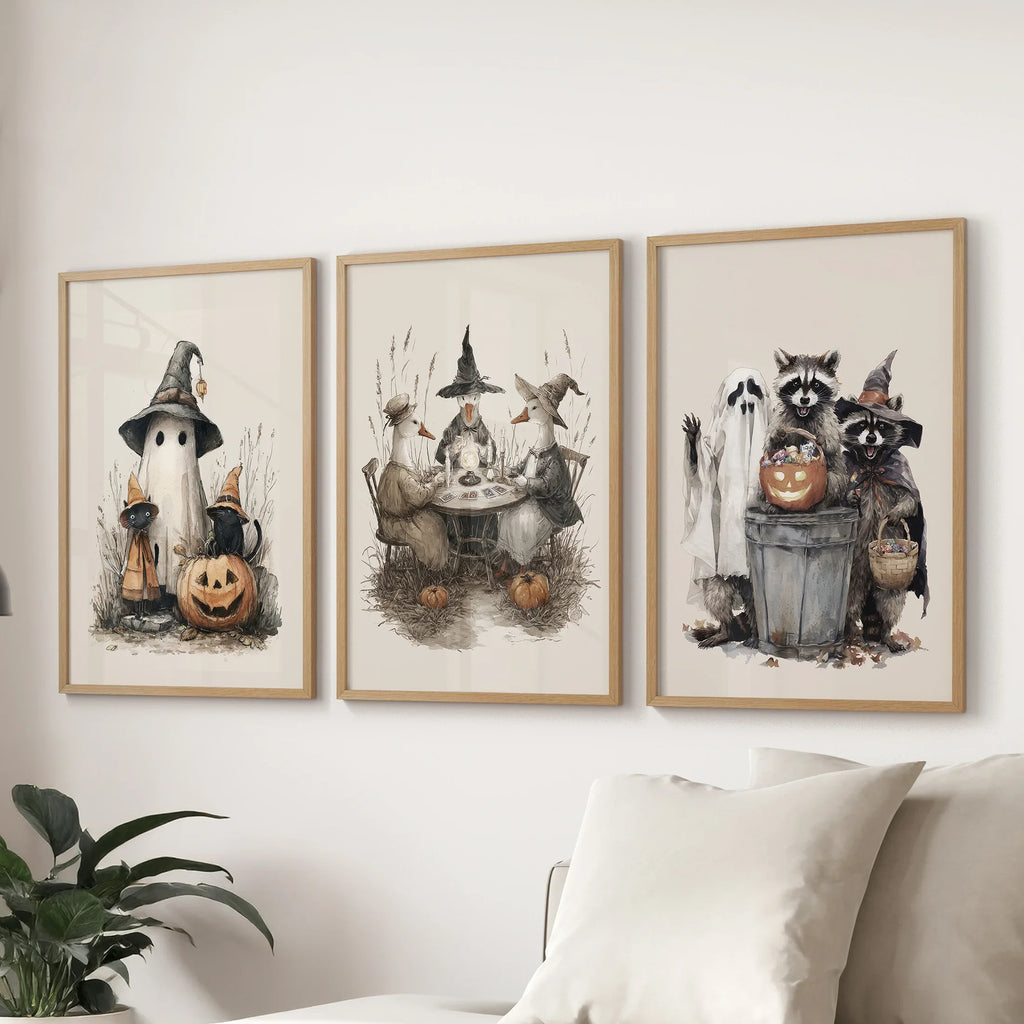 Halloween Set of 3 Wall Art. Ghost, Witch, Animals, Pumpkins