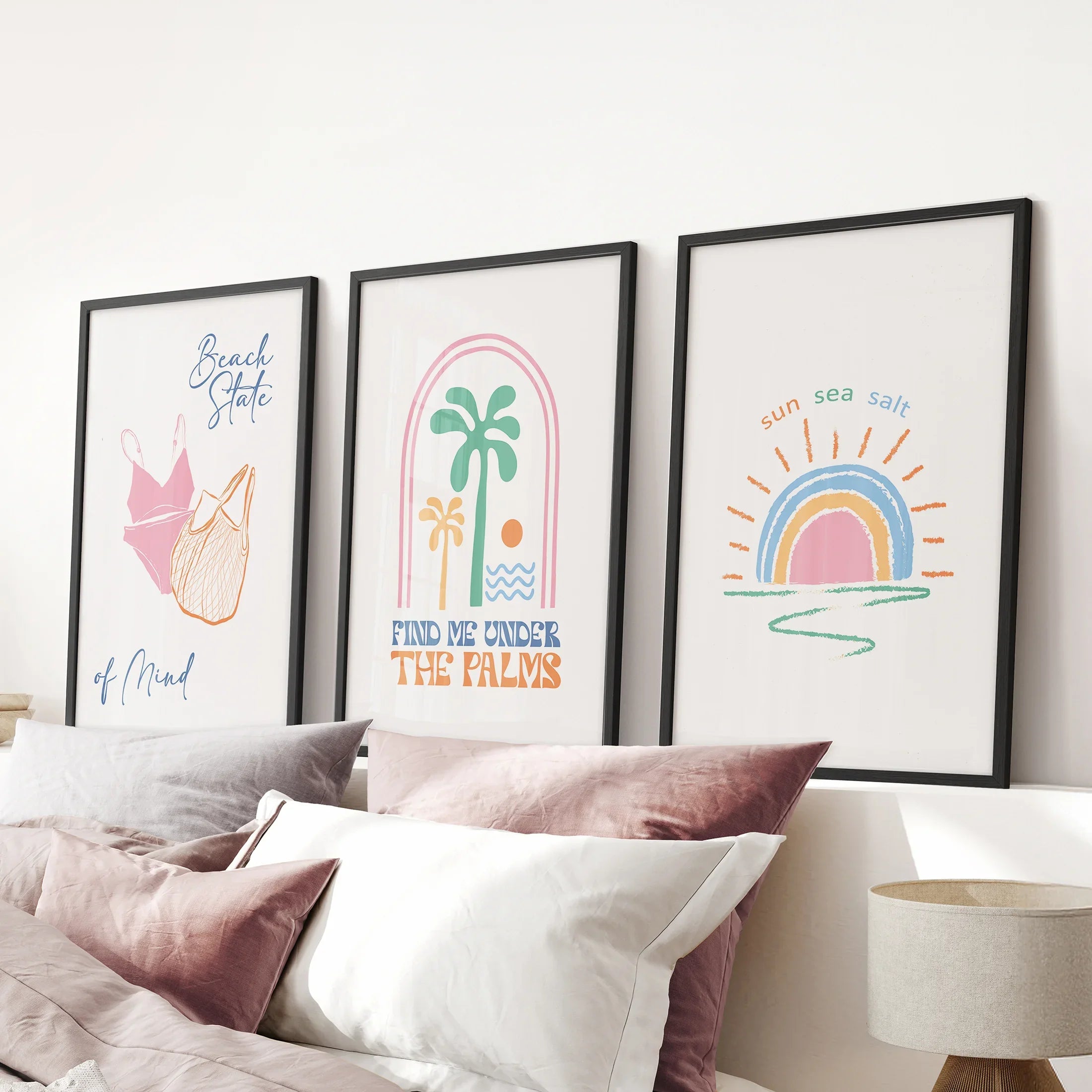 Coastal Summer Vibes Wall Decor. Palm Sunset Poster Set of 3