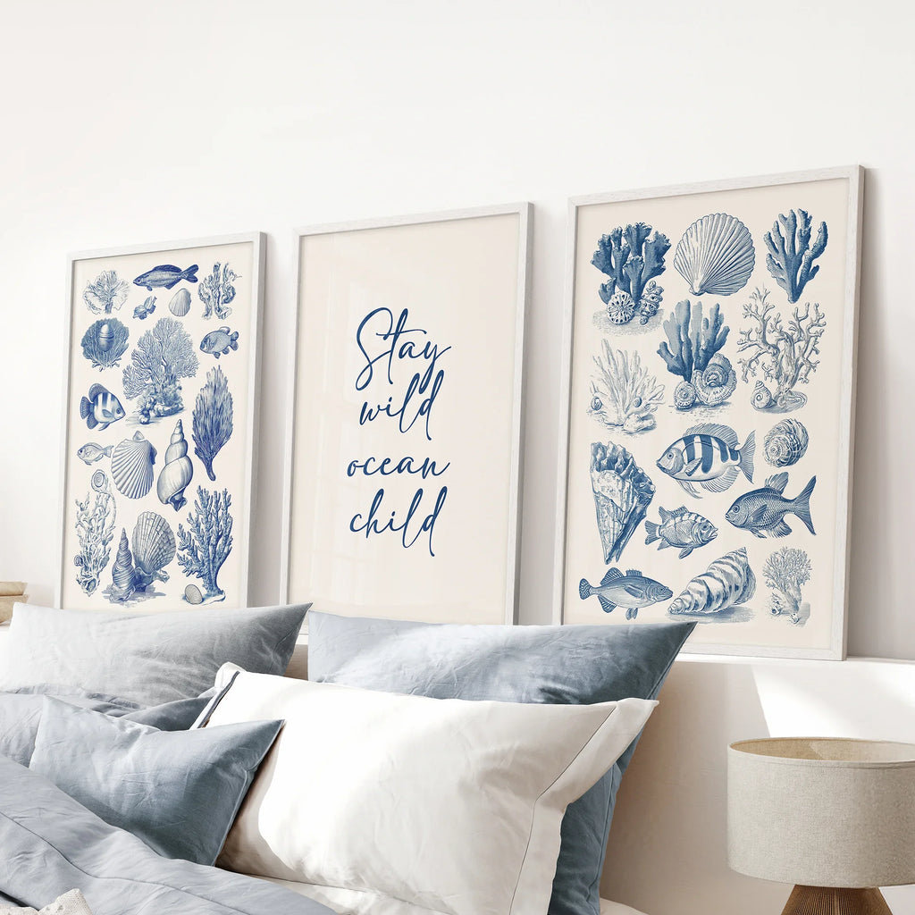 Coastal Sea Life Prints. Blue Sea Shells and Fish Print Set