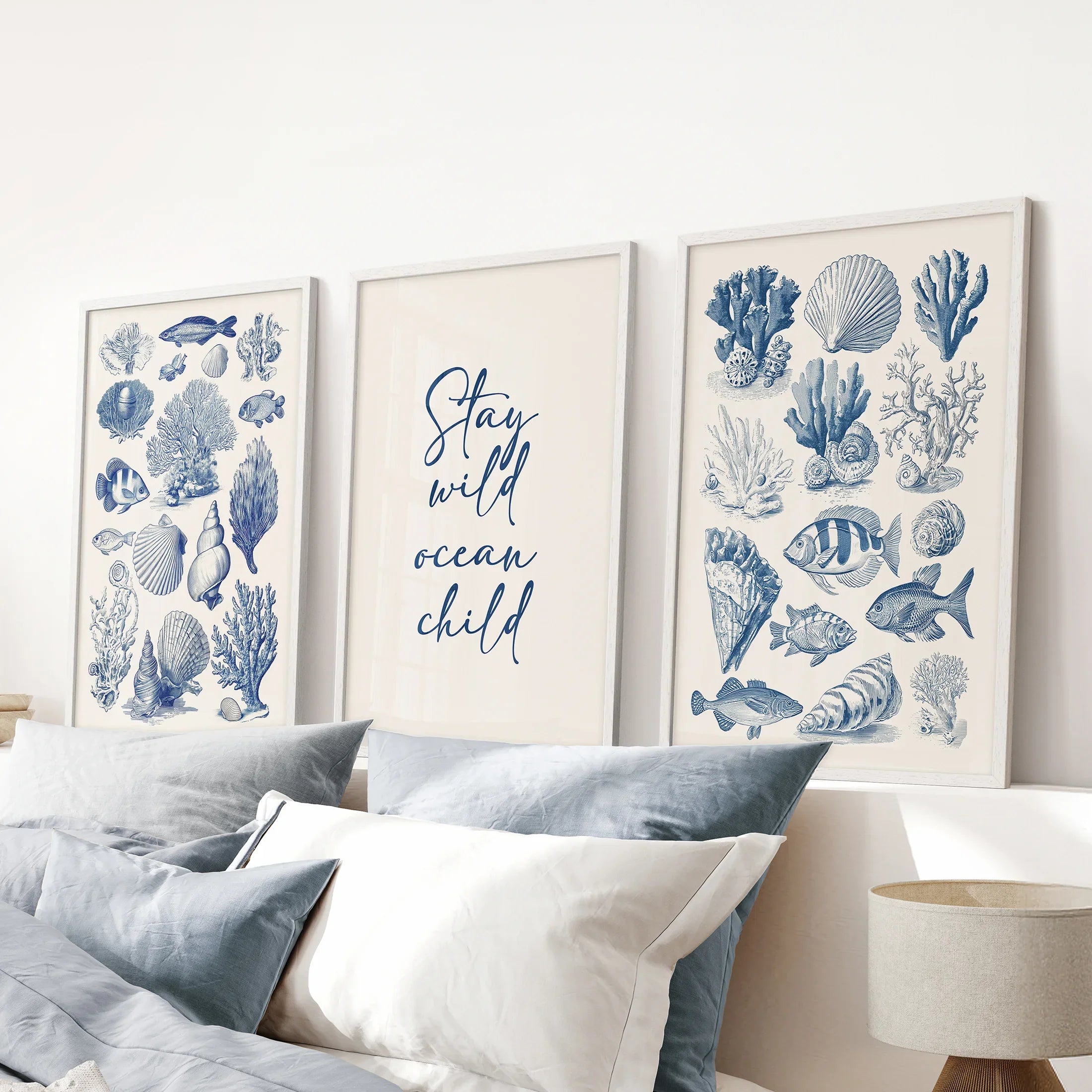 Coastal Sea Life Prints. Blue Sea Shells and Fish Print Set