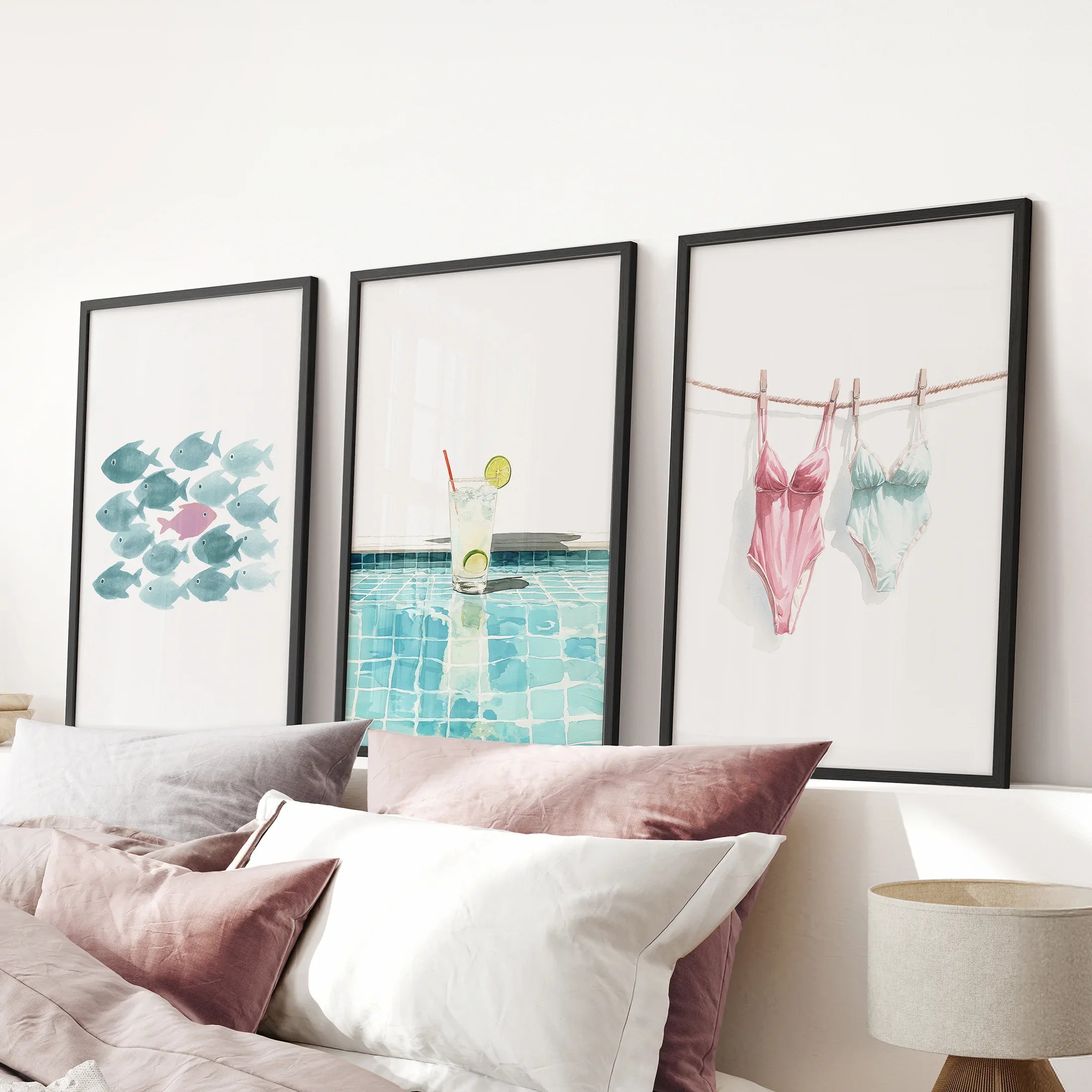 Summer Wall Art Set of 3. Poolside Party Watercolor Prints