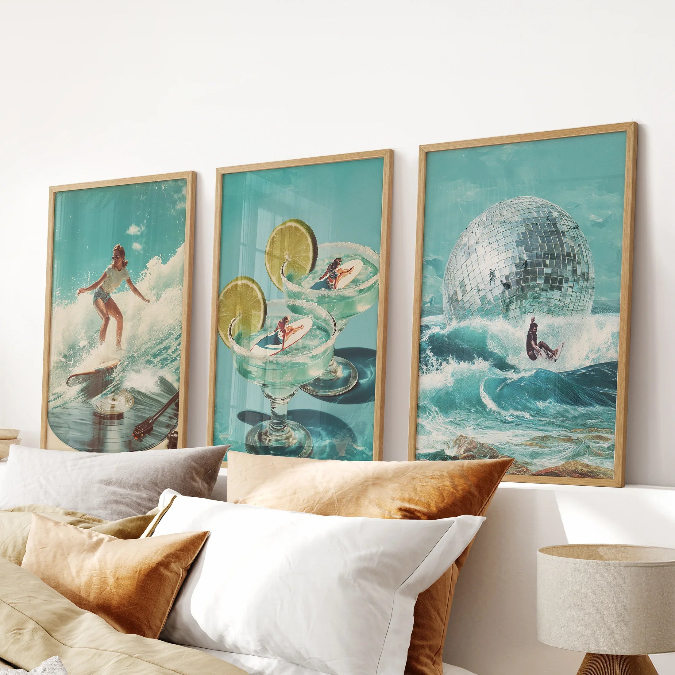 Retro Coastal Surfing Wall Art Set of 3. Surreal Blue Wave