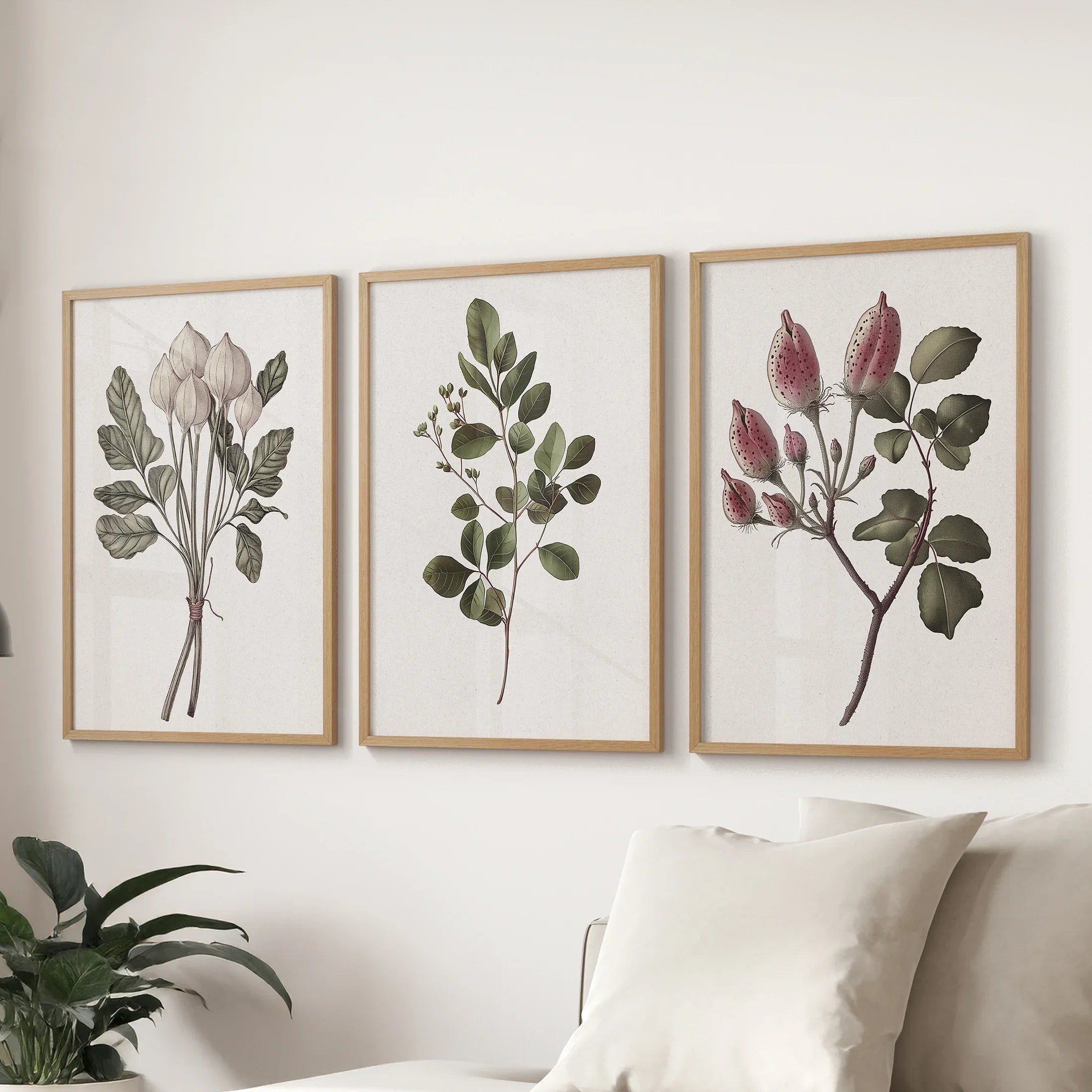 Rustic Botanical Print Set of 3. Vintage Flowers Wall Art