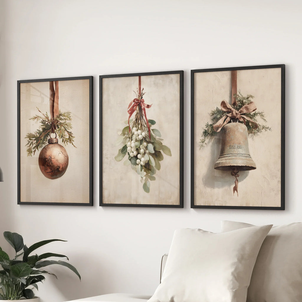 Rustic Holiday Set of 3 Prints: Vintage Christmas Bell Art