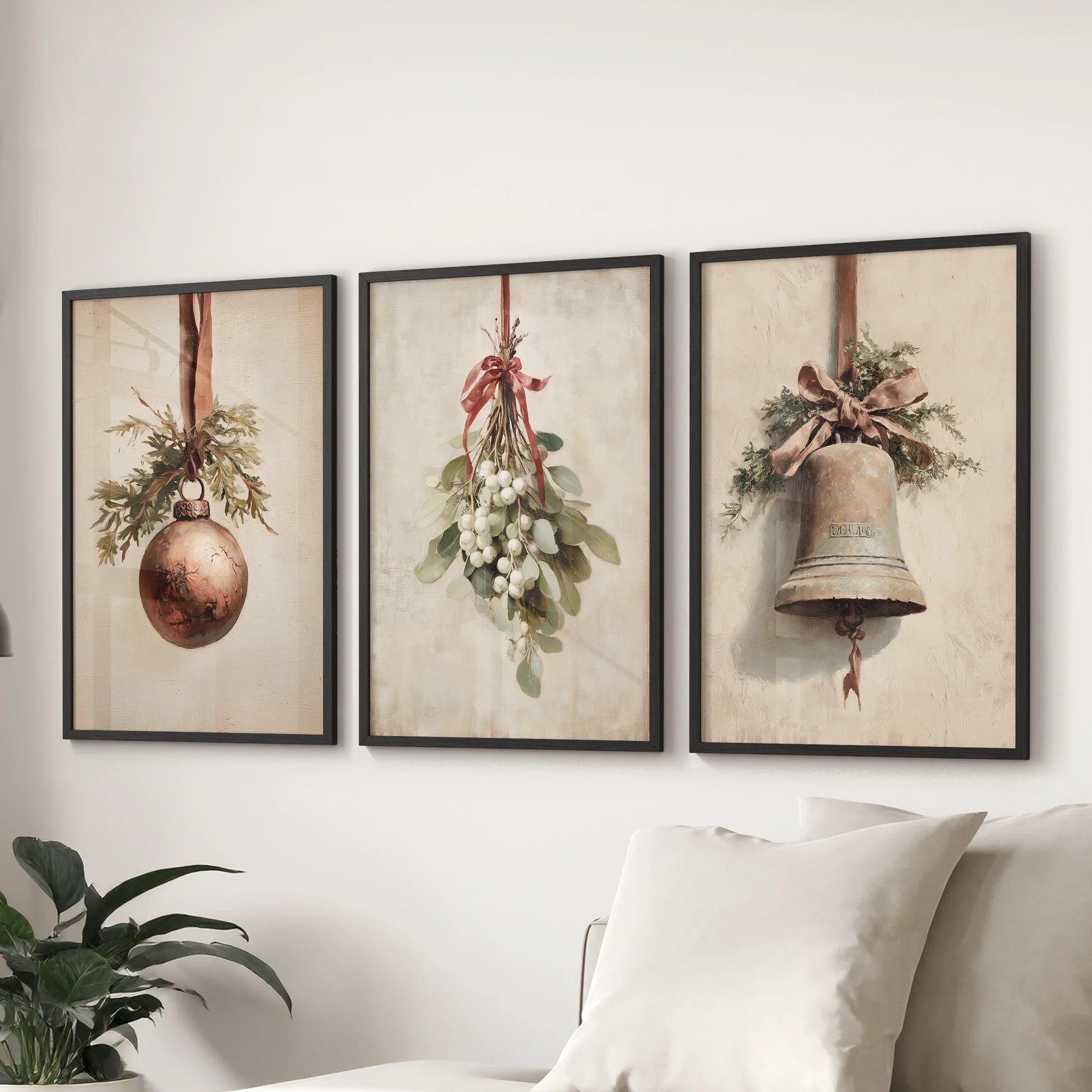 Rustic Holiday Set of 3 Prints: Vintage Christmas Bell Art