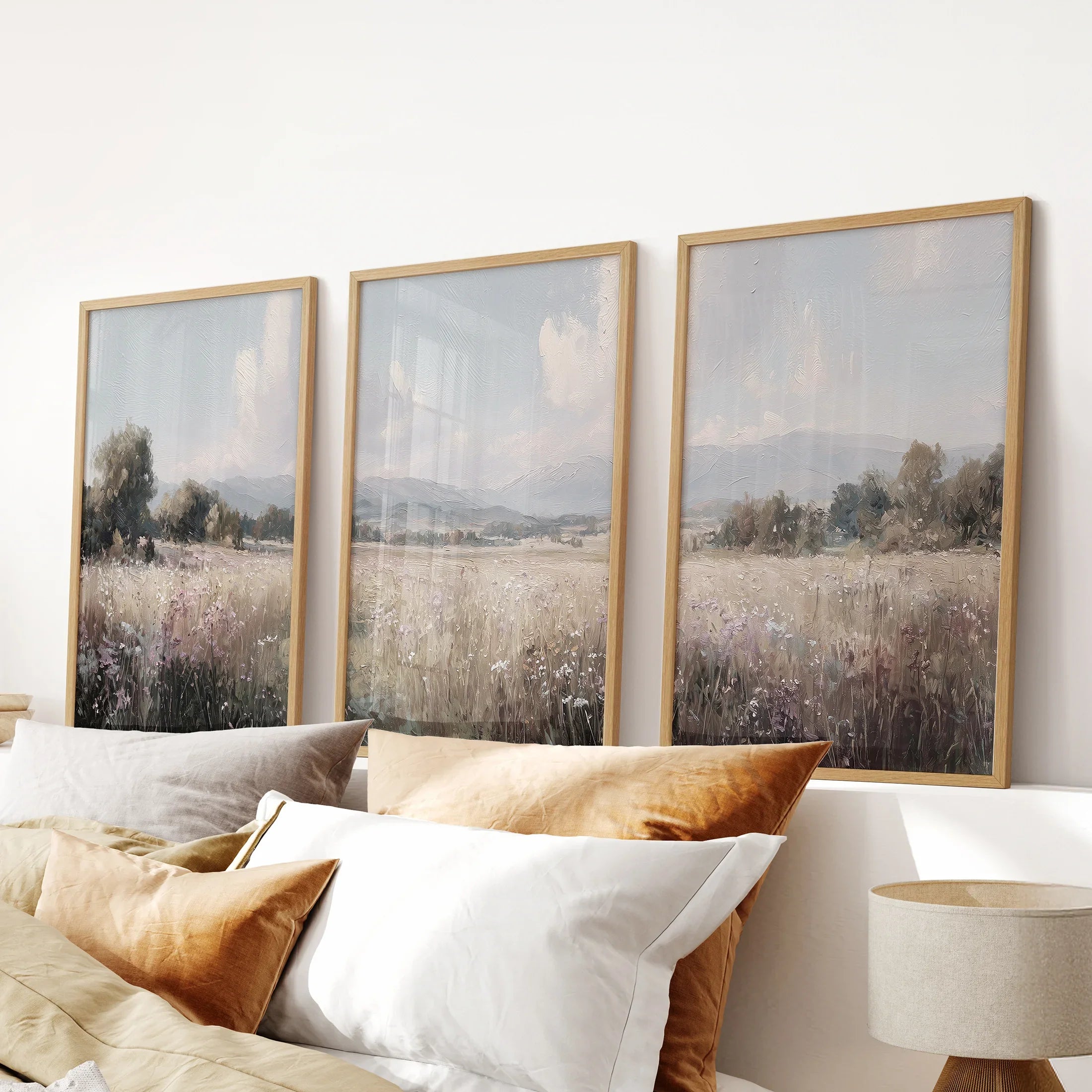 Pastel Meadow Landscape. Set of 3 Wildflower Prints