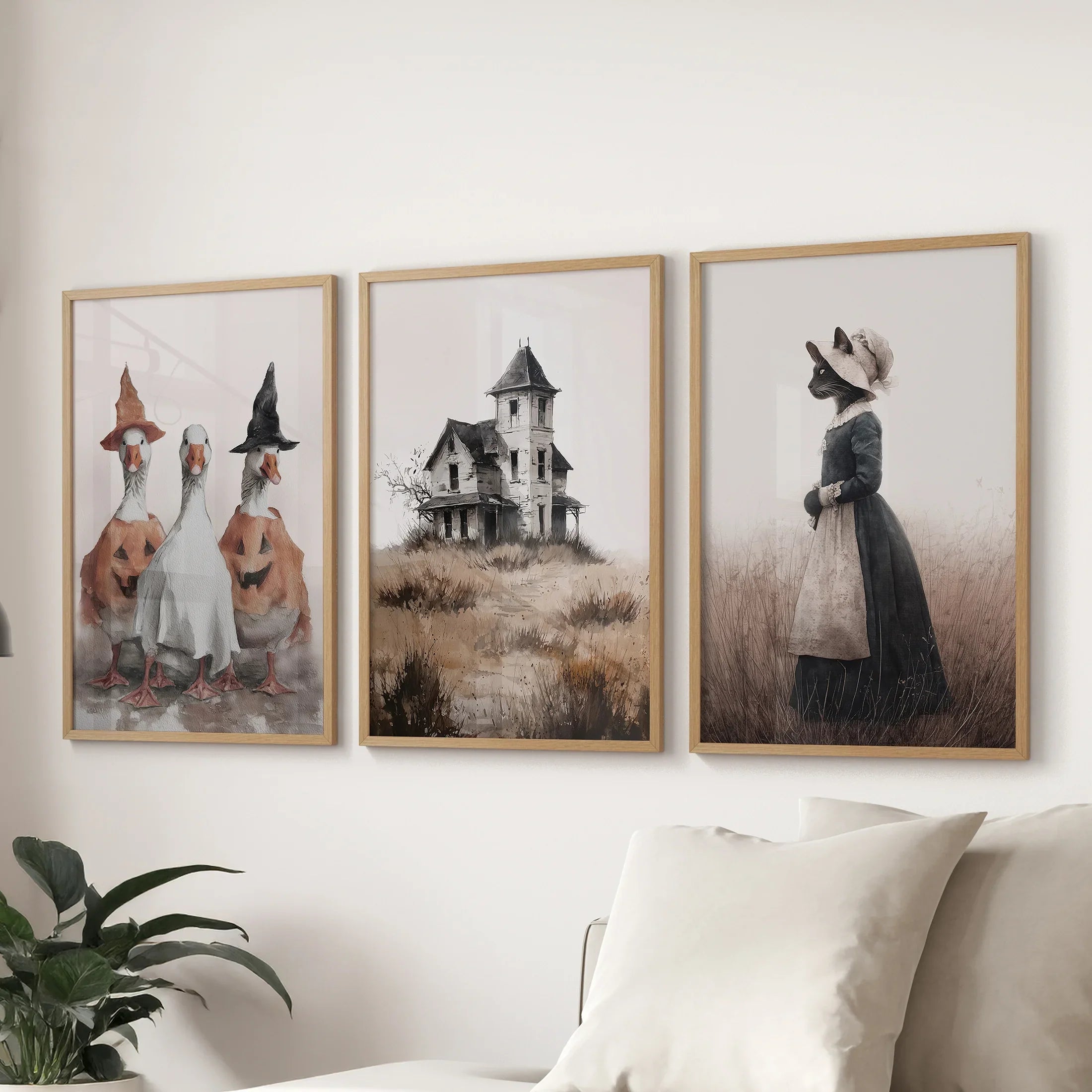 Spooky Cottagecore Wall Art Set. Ducks, Haunted House, Cat